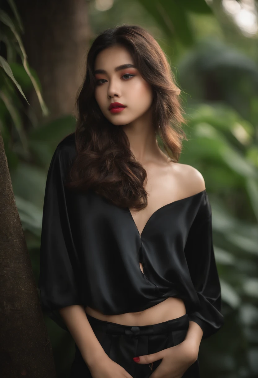 A shy 18-year-old girl wearing half-finished black silk clothes