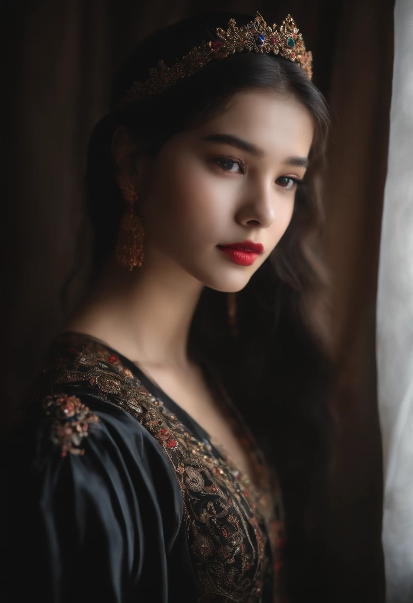 A shy 18-year-old girl wearing half-finished black silk clothes