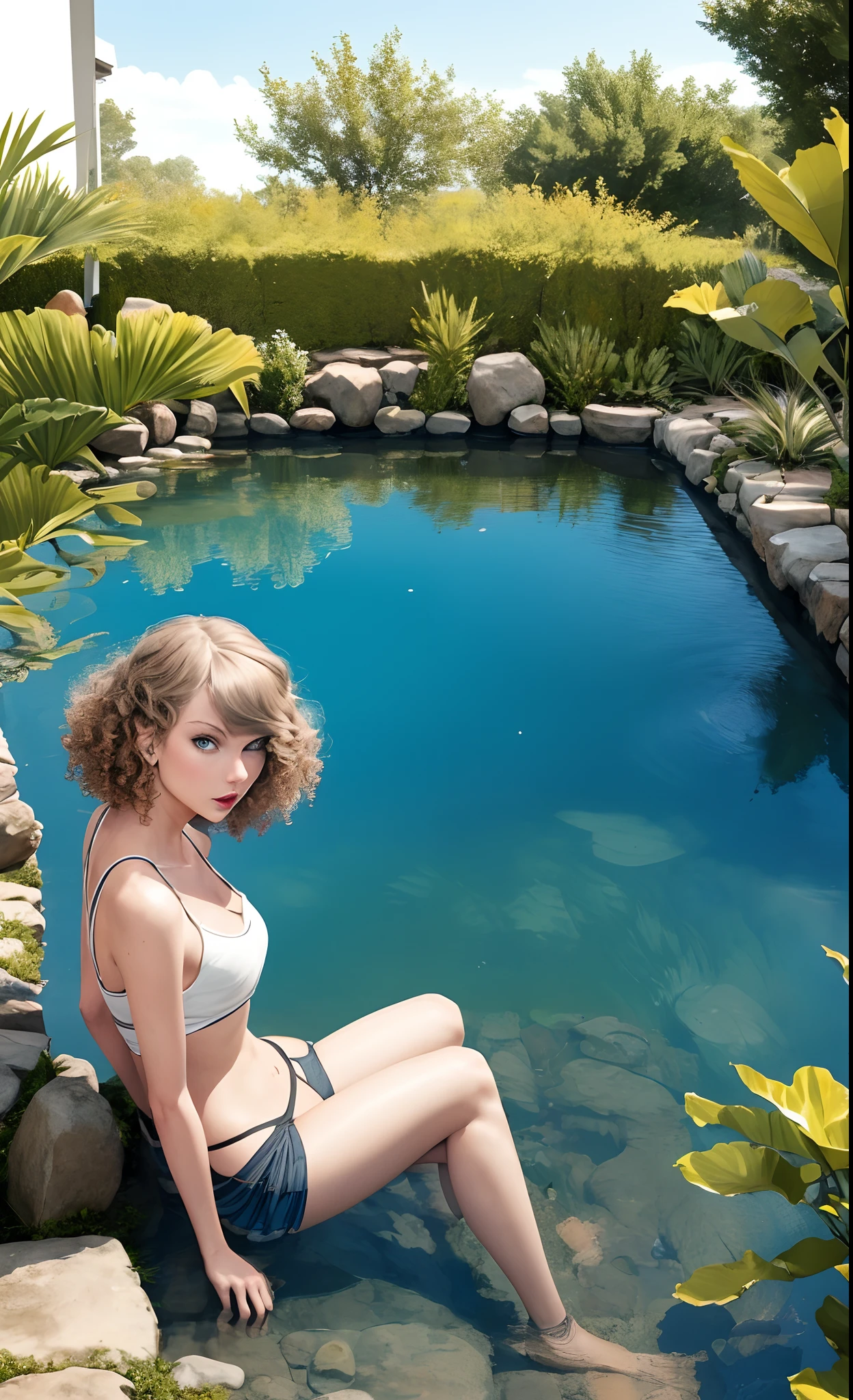 Taylor swift as a 19 year old with curly hair sitting outside in front of a pond album cover