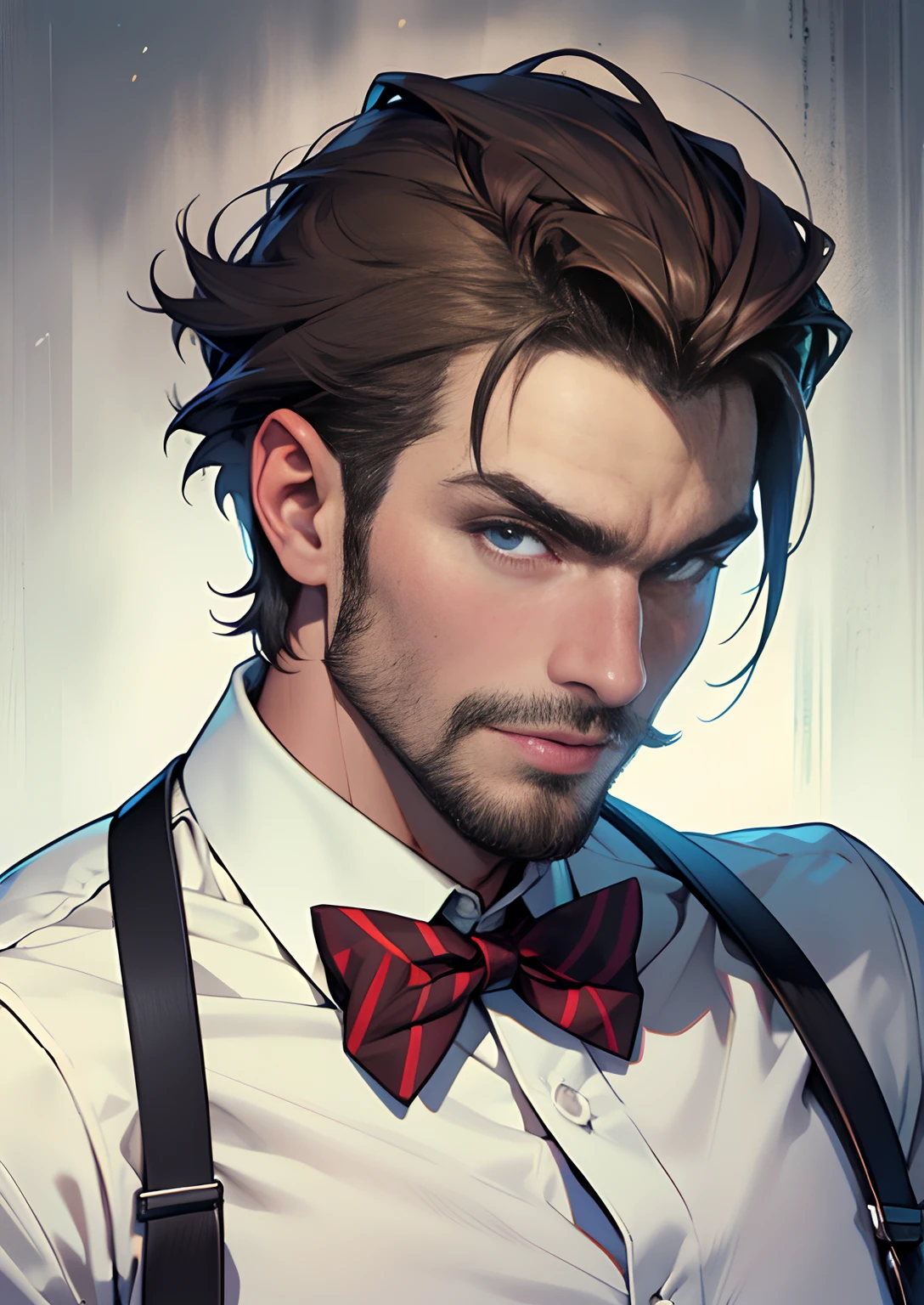homem sexy,homem masculino,homem vestindo blusa social,dress blouse with suspenders,Suspenders and red bow tie,gravata borboleta vermelha,elegante,homem elegante,cabelo curto,cabelo arrumado,bem arrumado,olhar profundo,olhar sagaz,cabelo raspado de um lado,personagem macho,macho,corpo escultural,pose diferente,cabelo curto,cabelo muito curto ""high details"", ""short hair""