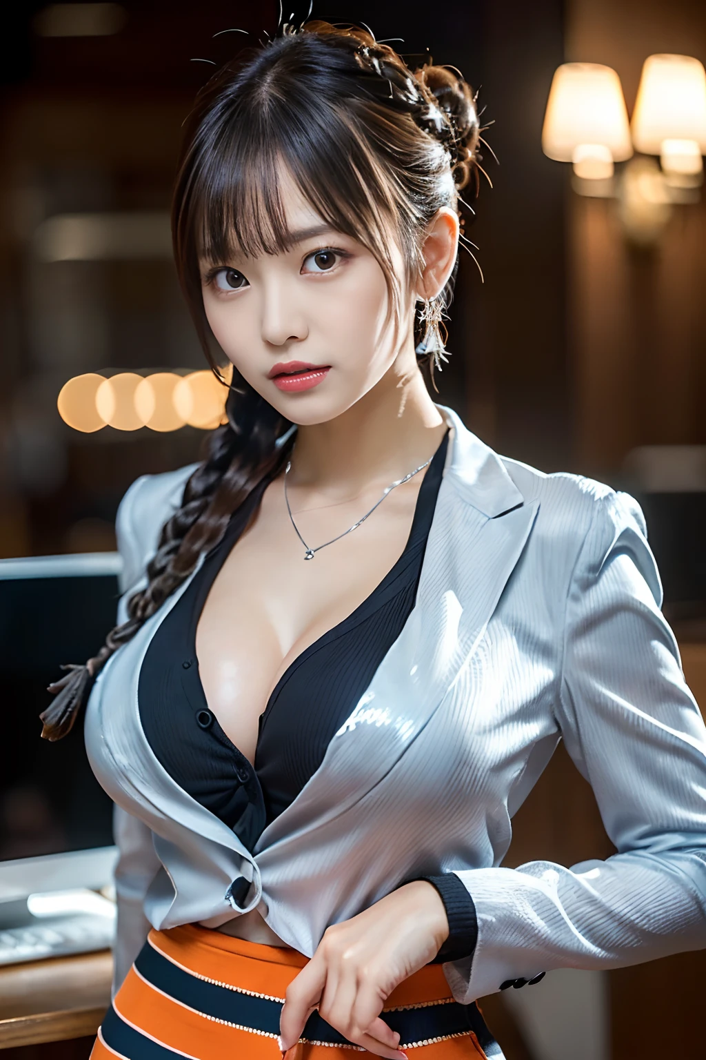 (Office Computer Desk:1.3,Oversized monitor:1.3,),(Sexy Open Chest Business Suit:1.3),(Sexy tight skirt:1.3),sit on desk,(Hands on the hips:1.3),(Anger Pose:1.3),(((emphasizing breasts:1.3))),(Dynamic angles),(Dynamic and sexy poses),(bending forward:1.3),(((Dignified statue))),large full breasts,Disturbance of clothing due to movement,breast slip,one girls,hair pin,a necklace,piercings,from below looking up,pointed red mouth,Blushing cheeks,Staring at the viewer with an angry face,(Short hair with shiny silver and orange stripes,Ponytail twisted buns adorned with elaborate braids and beads,Braided Setup Fishbone Hair,),(Bangs are see-through bangs),(Professional Lighting),(8K,masutepiece,top-quality,Ultra-high resolution output image,),(intricate detailes,),(From Image Mode to Ultra HD),depth of fields,Beautiful hands,Beautiful fingers,Detailed finger features,(Detailed hair features:1.7),detailed facial features,detailed clothes features,
