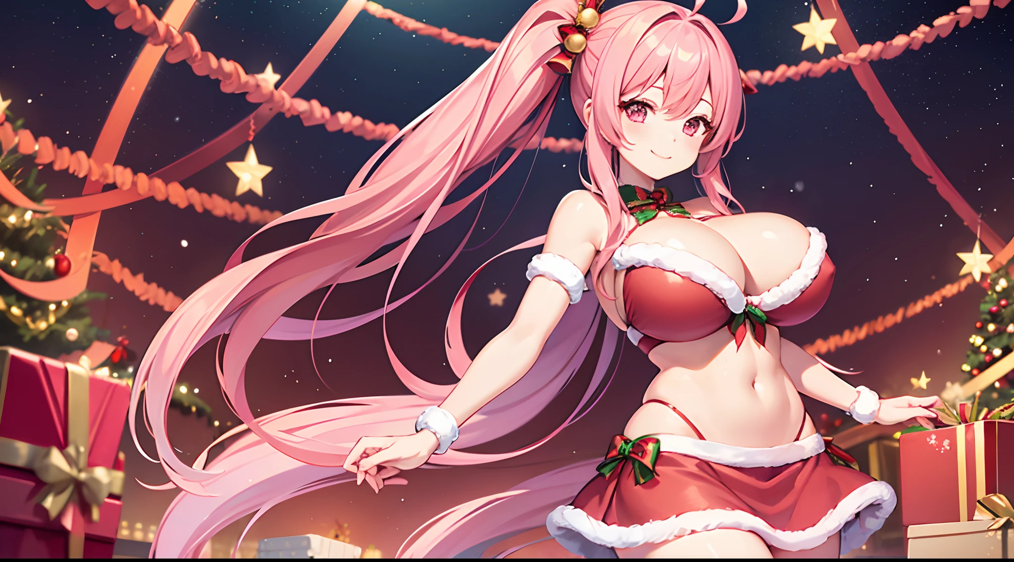 1 girl, game CG, red bikini, short skirt, Christmas hair accessories, gigantic breasts, pink hair, long hair, straight hair, ahoge, pink eyes, smile, dynamic, Christmas background,