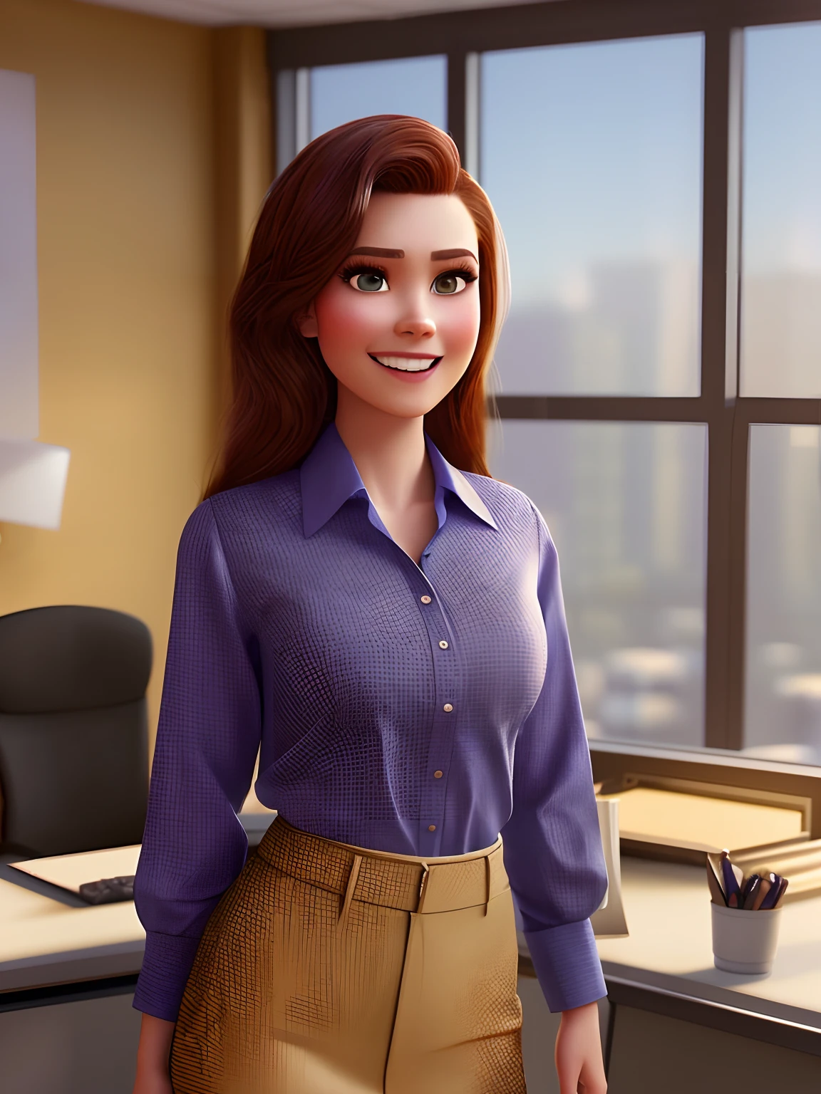 pixarstyle a waist-length portrait of a young woman in a office shirt, smile, office, natural skin texture, 4k textures, hdr, intricate, highly detailed, sharp focus, cinematic look, hyperdetailed