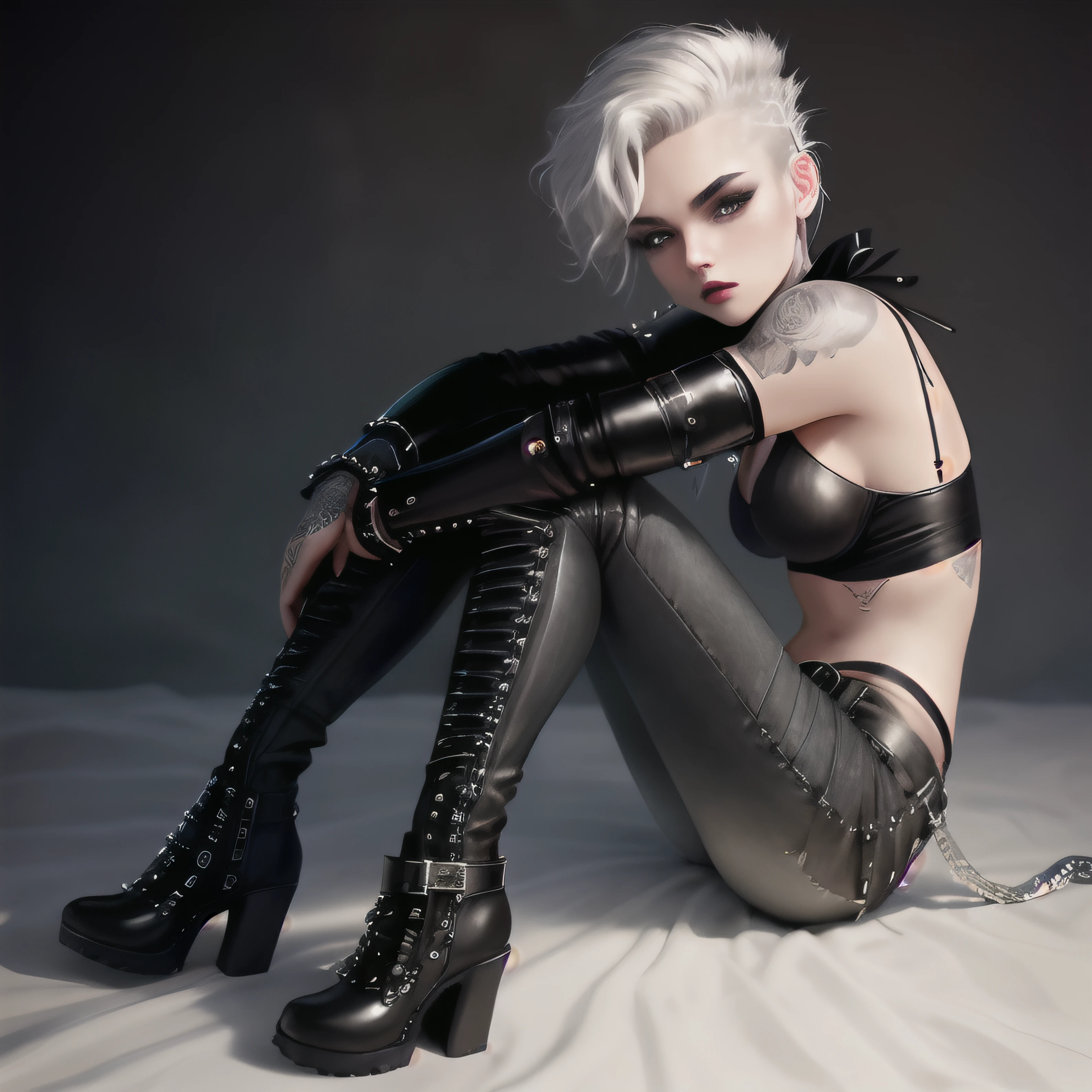 She, with tight black jeans, denim cut, with an aged effect. Rivets and studs distributed throughout the front seam. Side transparent meshes, about 3 centimeters long, going from the ankles to the waist of both legs; a top/bra, for the torso, white, made of synthetic leather, with a reptile texture, shiny, which contrasts perfectly with her dark, almost sinister makeup and highlights her cybergothic aesthetic. The top has a wide, silver zipper closure on the front and chain details. Finish off the design with adjustable silver shoulder straps that intertwine across your back. Finished off with black leather boots finished with a very pronounced toe, finished in shiny steel. High-heeled boots, above the ankle, with laces and two steel buckles, as well as the toe. His hair does not allow frills, because Bozy always has a boy's cut, with a small unmarked crest