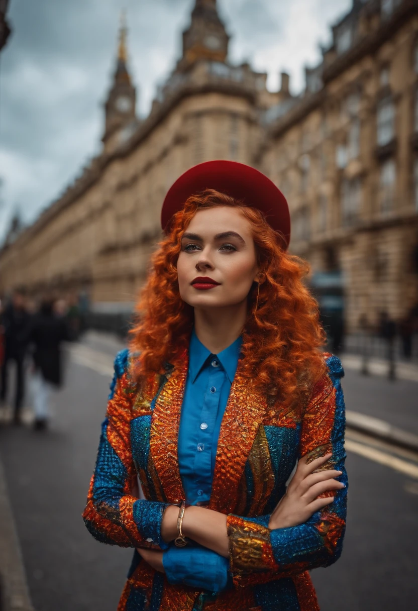 um jovem empreendedor de cabelo topete, Wearing Disney Pixar Inspired Suit Using Toothpick Standing in London, inglaterra