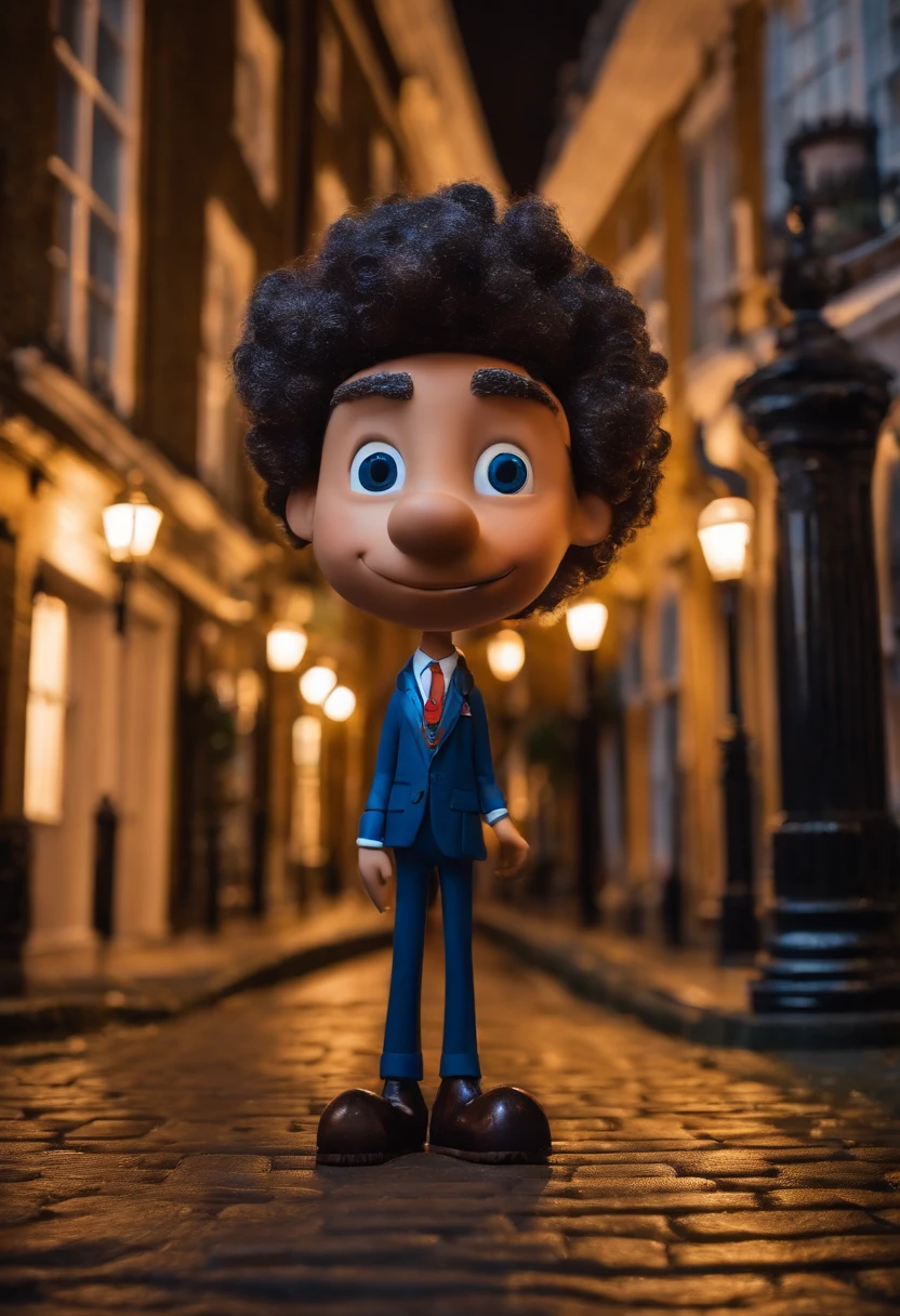 um jovem empreendedor de cabelo topete, Wearing Disney Pixar Inspired Suit Using Toothpick Standing in London, inglaterra