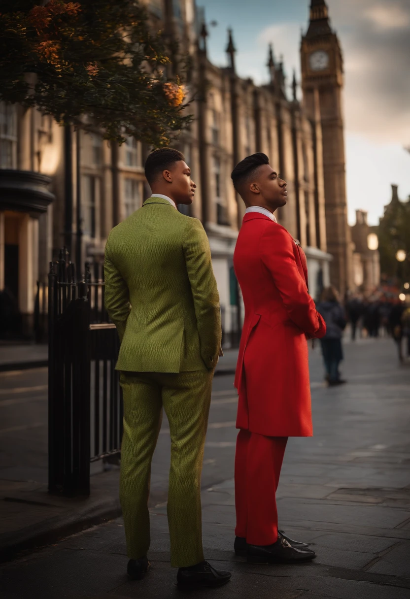 um jovem empreendedor de cabelo topete, Wearing Disney Pixar Inspired Suit Using Toothpick Standing in London, inglaterra