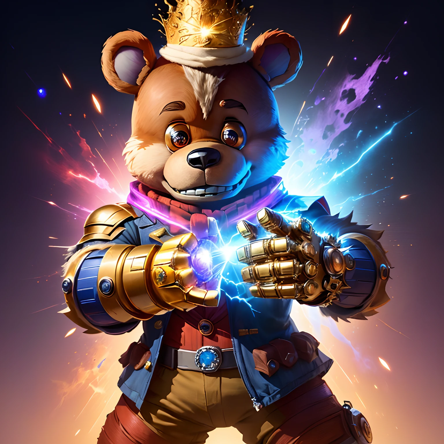 Freddy Fazbear from five nights at freddy's snapping his fingers with the infinity gauntlet from Avengers Endgame