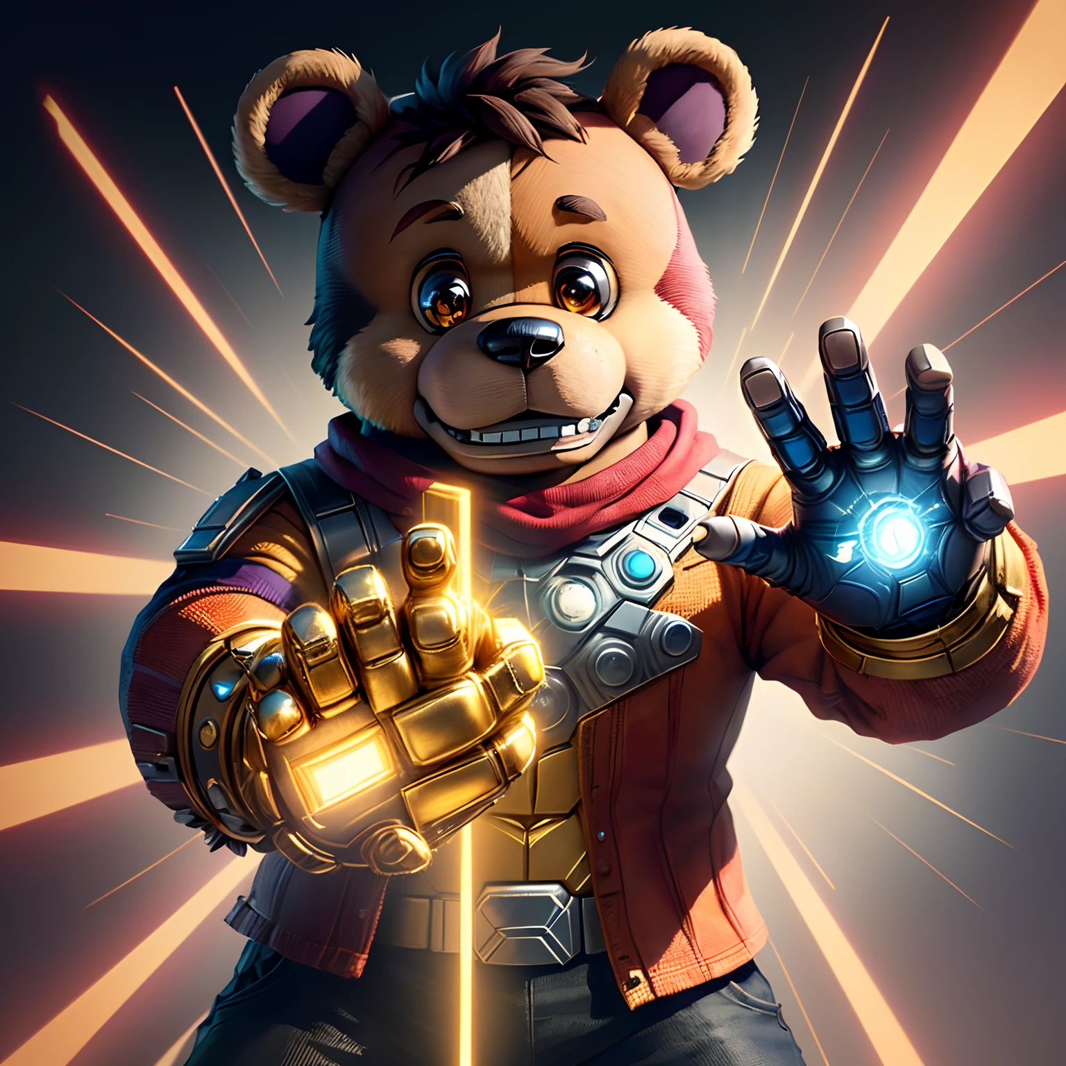 Freddy Fazbear from five nights at freddy's snapping his fingers with the infinity gauntlet from Avengers Endgame