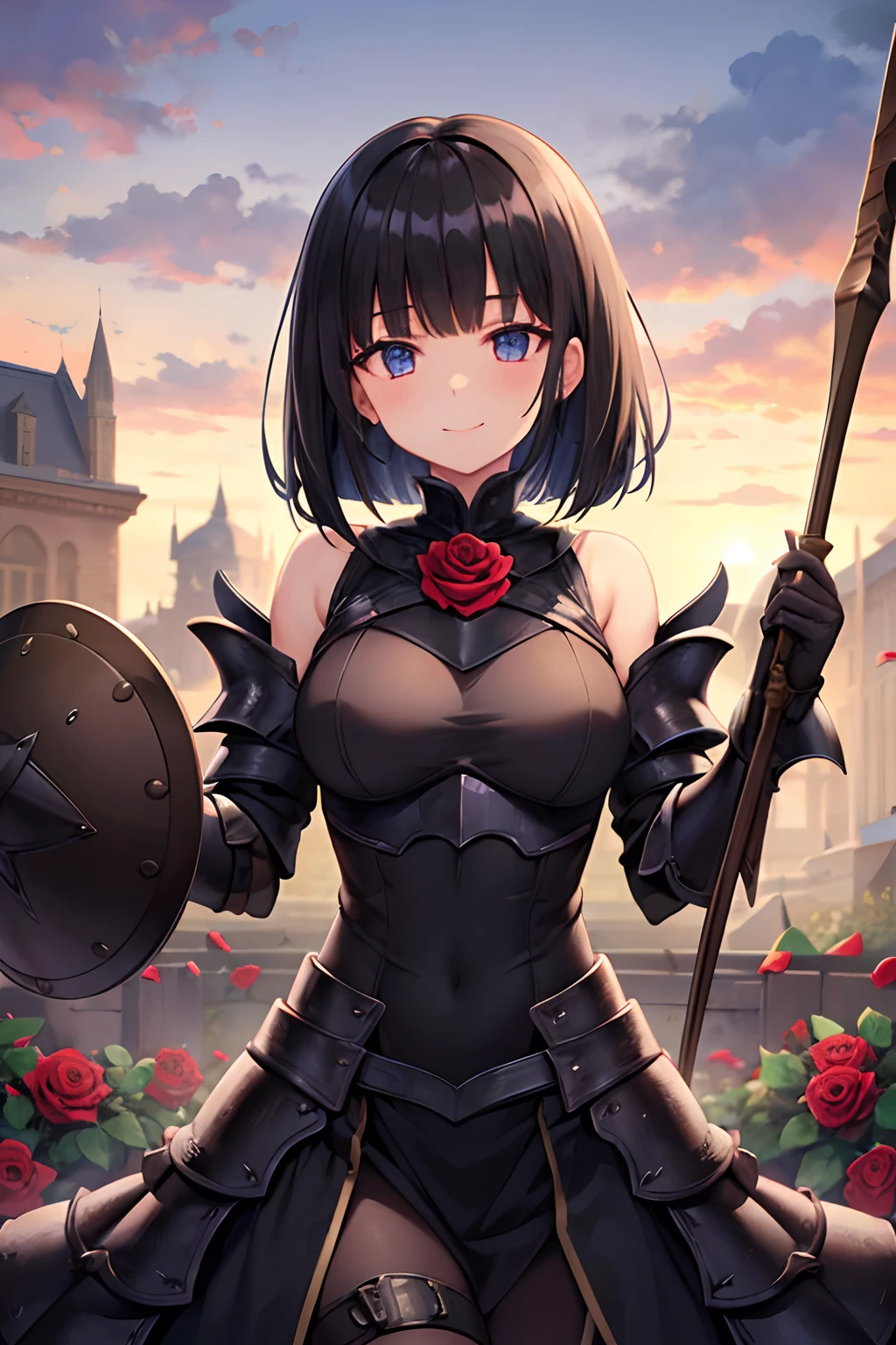 I don't want it to hurt, so I want to be defensive.。, A girl with a black hair bob cut wearing black armor with all her stats poured into her defenses, Rose pattern, Heavy Shot, kindly smile, Sauce order, Black shield larger than body,