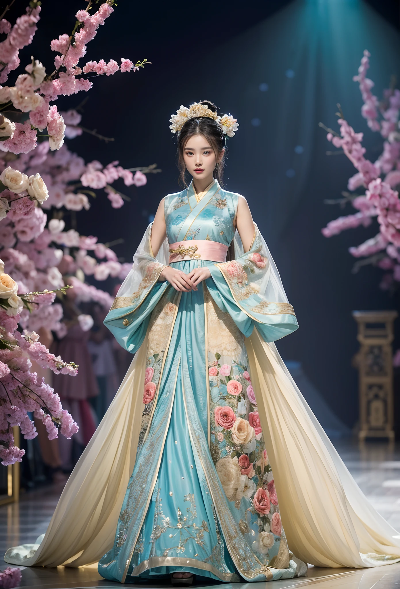Beautiful model walking on the catwalk，Perform modeling steps。Wear Ming Dynasty Hanfu clothes，Rose long dress，Princess dress，Gorgeous vintage court style dress，Long skirt，maxiskirt，Large hem，The hem of the long skirt is close to the floor，The style is a Hanfu Fashion Week haute couture dress，Advanced customization，Private customization，Fashion show model，Big show，There are tulle jewelry on the skirt。A necklace is worn around his neck，short detailed hair，Hair coiled up，Headwear，largeeyes，Very beautiful and moving，((There was only one female model walking on the catwalk))，Men and women make up a large portion，The catwalk was covered with flowers，The background is covered with flowers，The female model had a smile on her face，standing on your feet，The posture is elegant and dignified，Realistic photo images，8K, hyper HD, Masterpiece, ccurate, Textured skin, High details, Best quality, Award-Awarded，Long-range shooting，Sense of distance