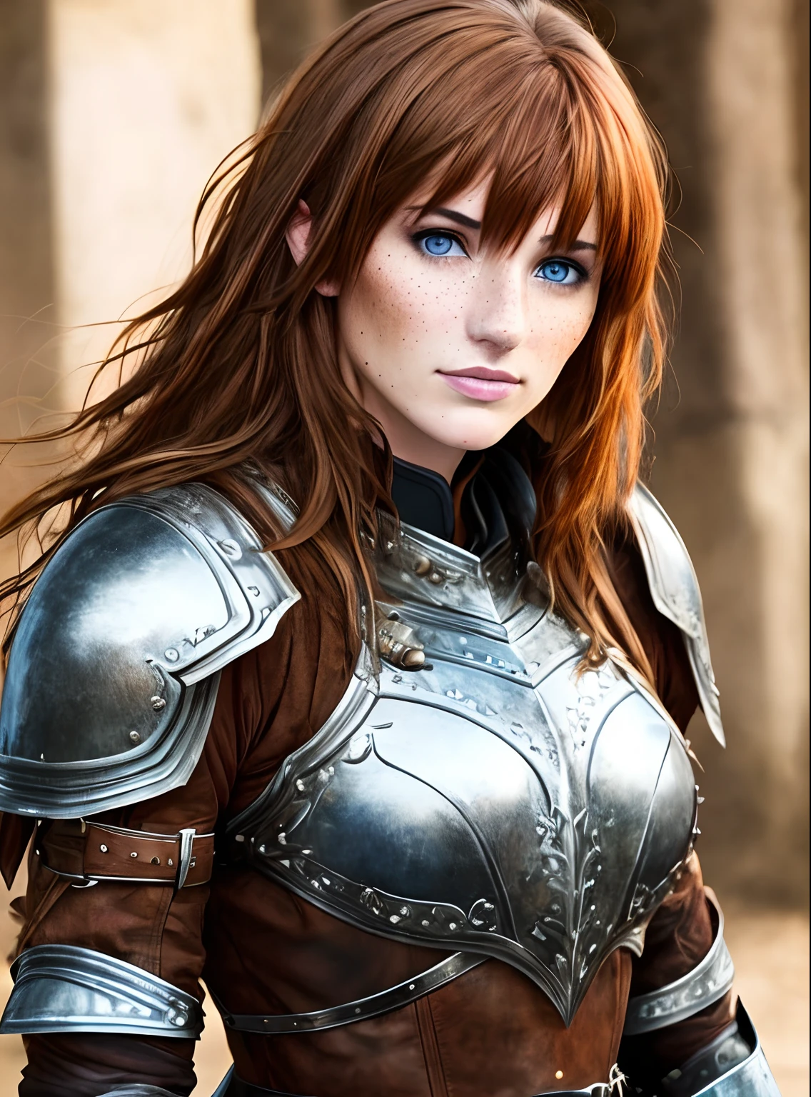 Young woman with light brown hair, fringe, blue eyes and freckles, clothed with a leather armor