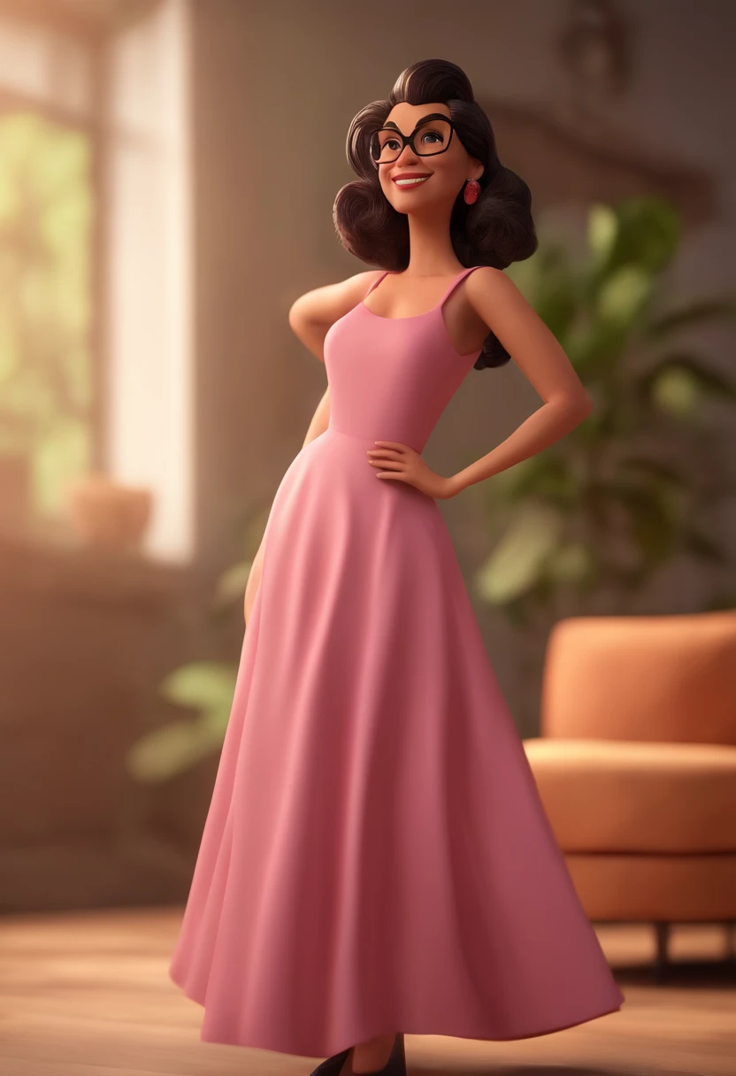 Cartoon character of a girl wearing black glasses and a pink dress, um personagem animado, Caractere estilizado, animation style rendering, 3D estilizado, Arnold Maya render, 3 d render stylized, toon render keyshot, Personagem 3D, Personagem 3D, 3d rendering stylized, 3 d character render, personagem de desenho animado, Personagem de close up, Pose de personagem, (Estilo Pixar) (master part:1.2) (Bokeh) (best quality) (pele detalhada) (textura detalhada) (8k) (argila) (Cinematic lighting) (foco nítido，Senta e vaza a parte superior do corpo