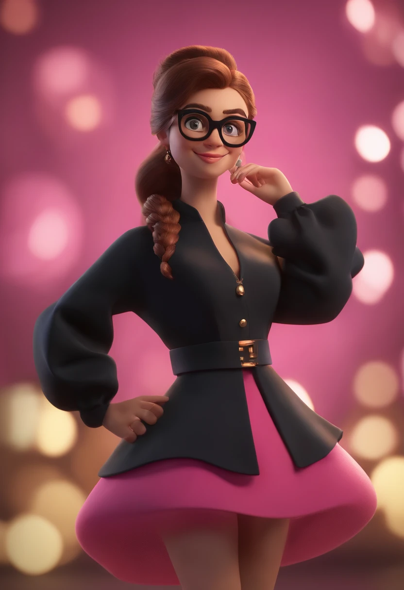 Cartoon character of a girl wearing black glasses and a pink dress, um personagem animado, Caractere estilizado, animation style rendering, 3D estilizado, Arnold Maya render, 3 d render stylized, toon render keyshot, Personagem 3D, Personagem 3D, 3d rendering stylized, 3 d character render, personagem de desenho animado, Personagem de close up, Pose de personagem, (Estilo Pixar) (master part:1.2) (Bokeh) (best quality) (pele detalhada) (textura detalhada) (8k) (argila) (Cinematic lighting) (foco nítido，Senta e vaza a parte superior do corpo