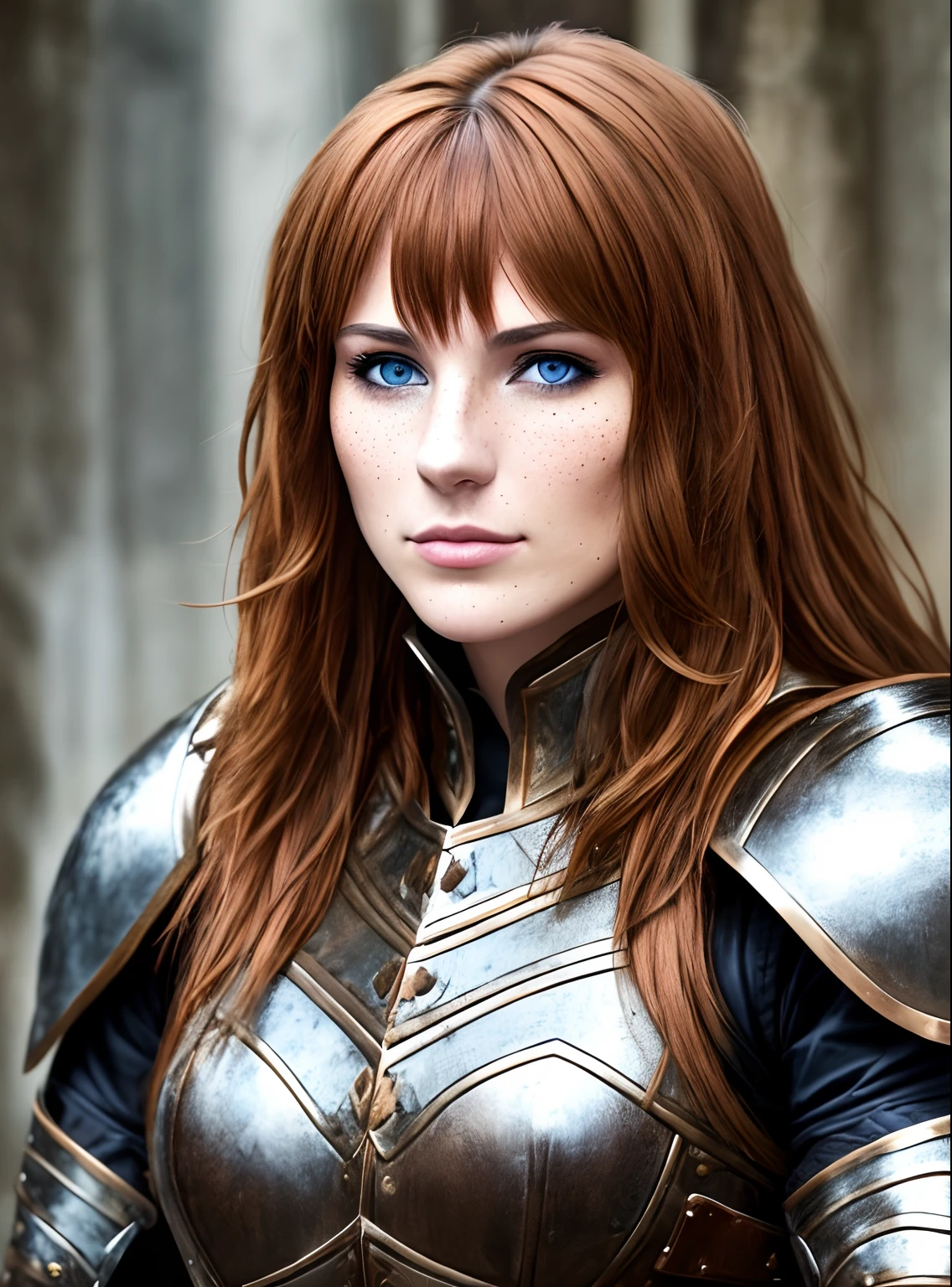 Young woman with light brown hair, fringe, blue eyes and freckles, clothed with a leather armor