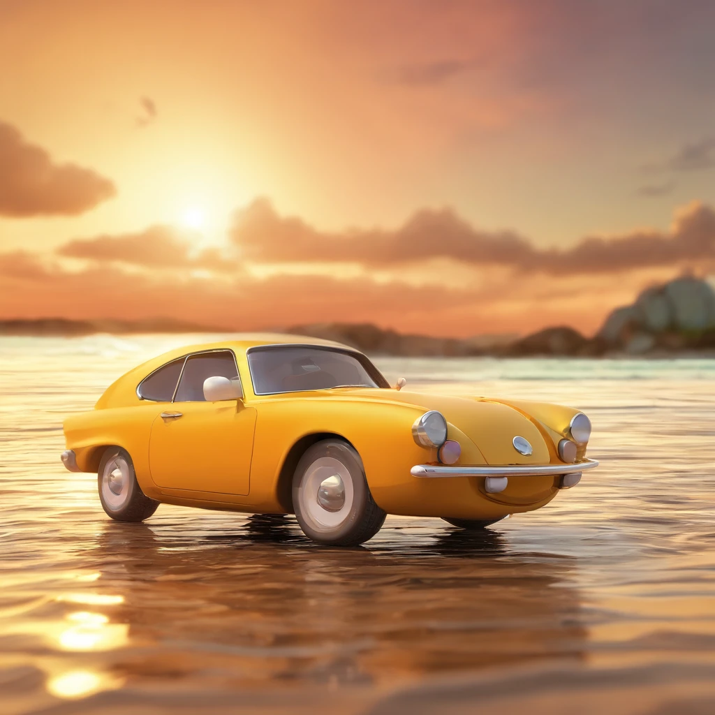 "Make a Disney Pixar-style picture, em 3d" homem de 20 anos de pele branca, cabelos pretos com topete, cavanhaque, de oculos sentado na praia com o por do sol frase escrita estou de ferias