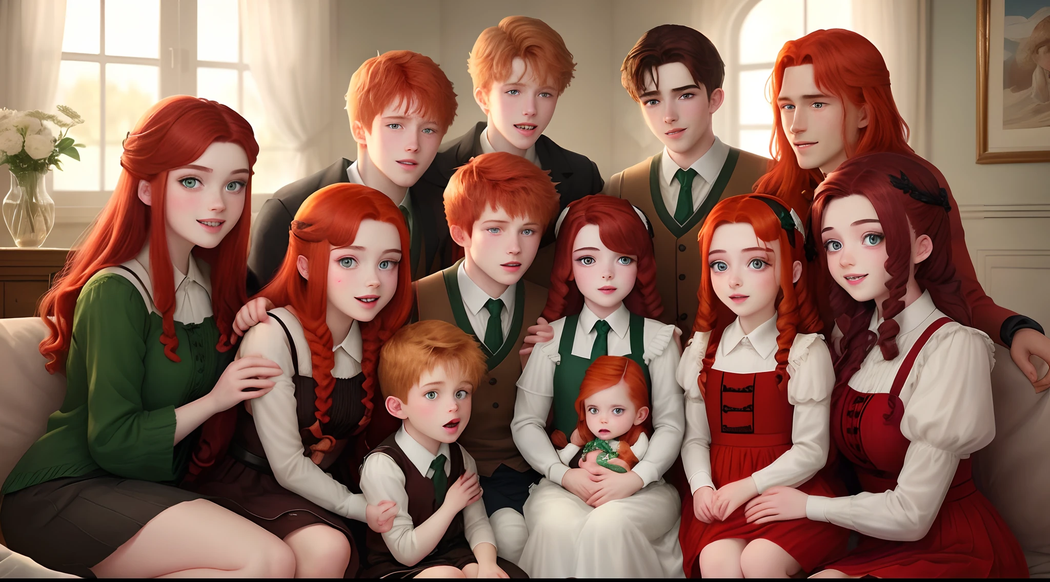A brown haired Slytherin named Leland Hudson Evans surrounded by his eight siblings (three brothers (maternal half brother Connor Weasley, paternal half brother Henry Evans, and step-brother Jacob) and five sisters (younger sister Abby Evans, maternal half-sister Novalia Weasley, and maternal step-siblings Aurora Evans and Mia Evans (both Aurora Evans and Mia Evans are twin sisters of Jacob), all with red hair)