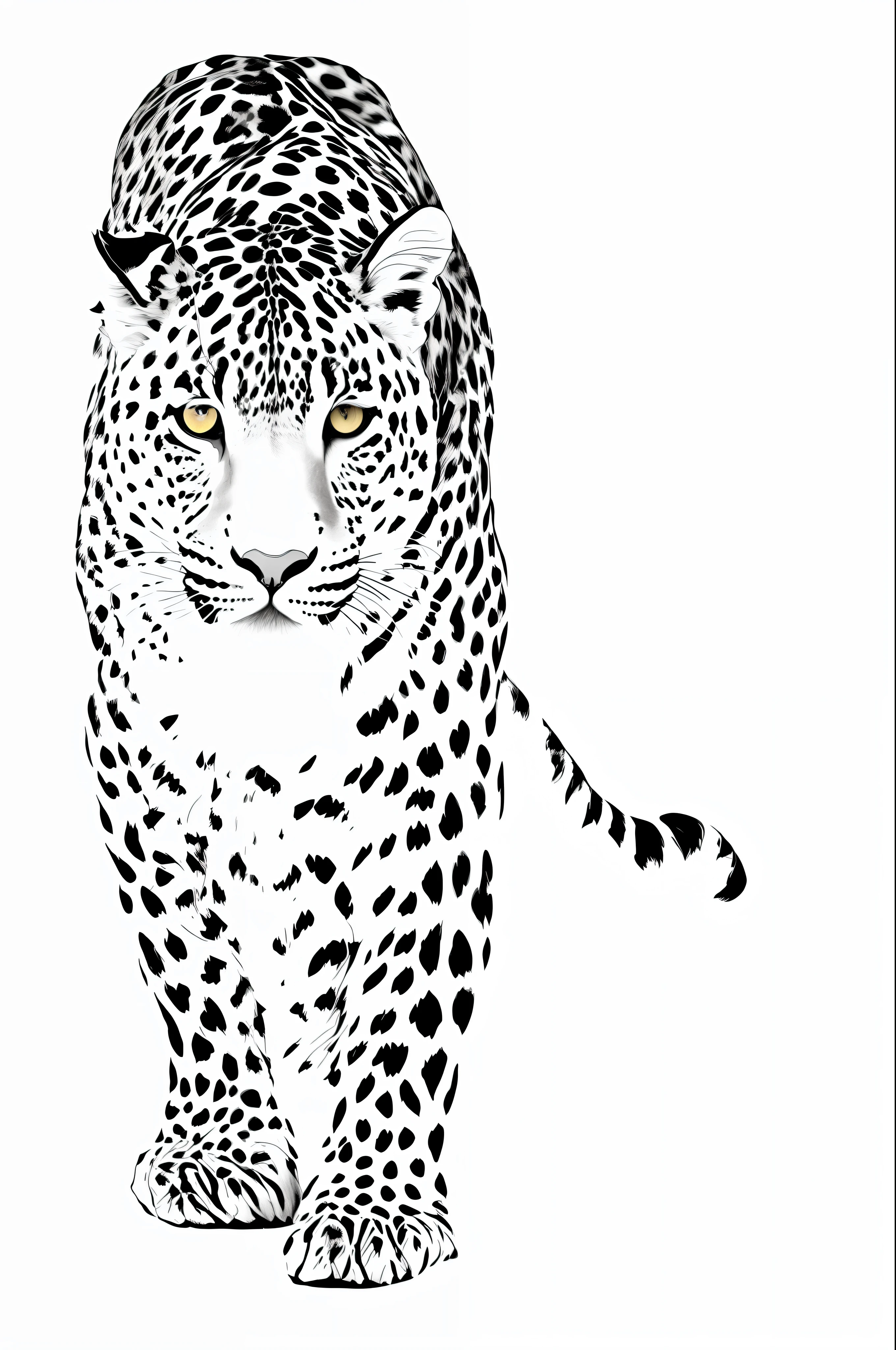a black and white drawing of a leopard standing in the snow, highly detailed”, highly detailed ”, jaguar head tattoodesign, higly detailed black ink outline, by Dean Ellis, black on white line art, by Dahlov Ipcar, wildlife drawing, b & w, b&w, b&w!, very detailed”, very detailed ”, cub, cheetah