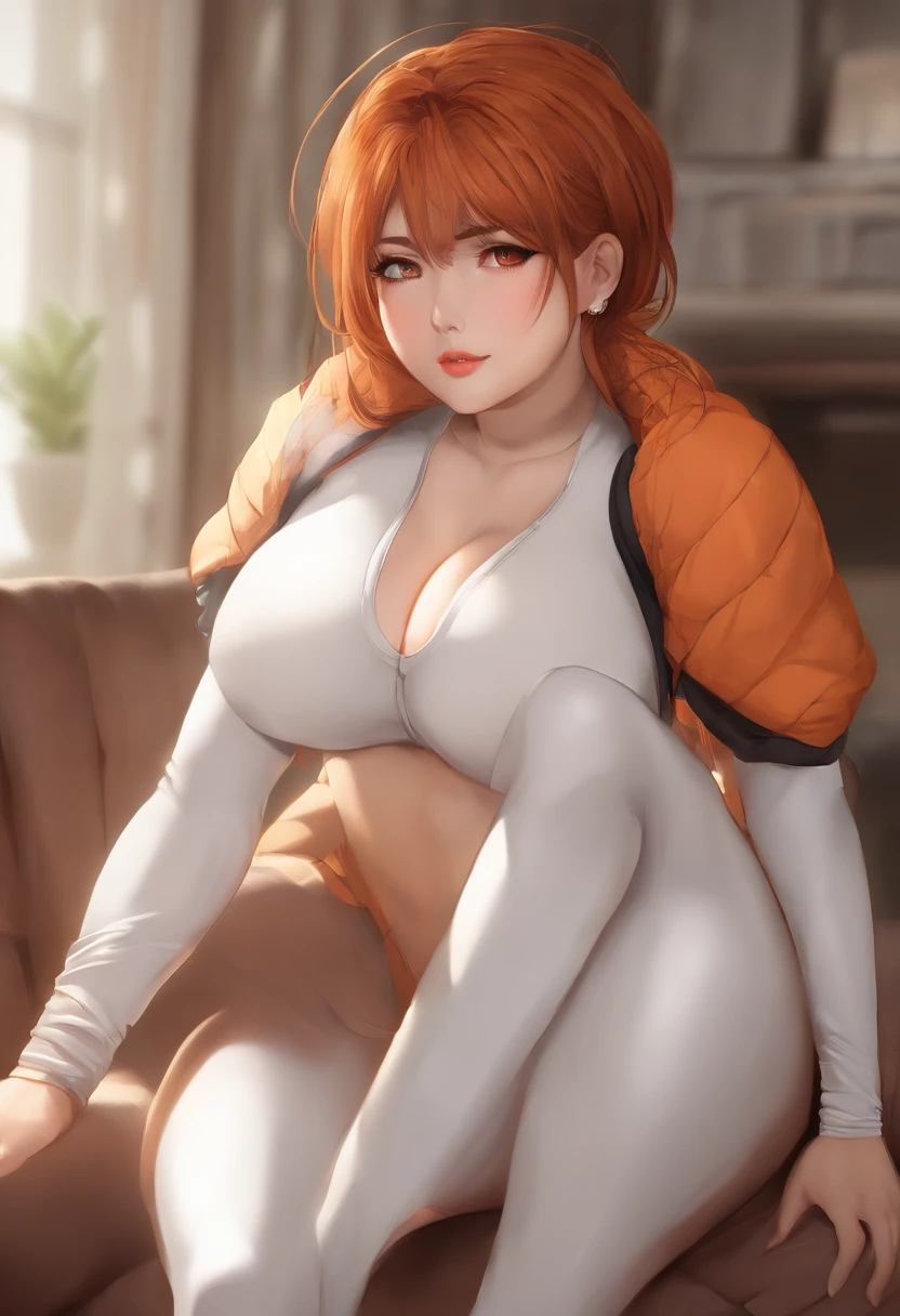 (masterpiece:1.1), (highest quality:1.1), fullbody, short hair, good anatomy, hair bun,, (1girl:1.2), (detailed face and eyes:1.25), solo, orange hair, brown hair, brown eyes, (huge breasts:1.3), ((white skintight bodysuit:1.2), cleavage:1.2), blush, looking at viewer, mature female, sidelocks, tachibana kyouka,, zaum, elysiumchar, oil painting,
