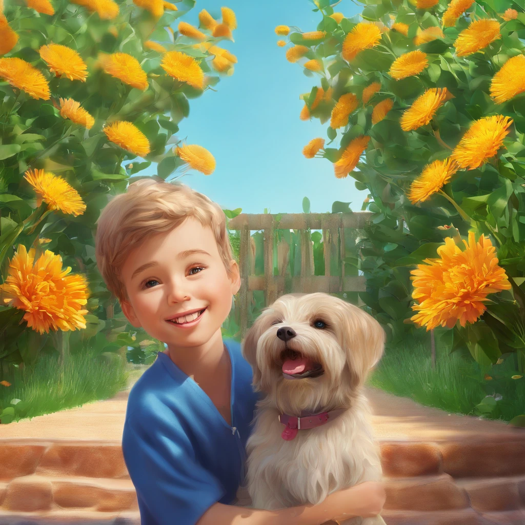 (best quality,4k,8k,Altas,master part:1.2),ultra-detalhado,(Realistic,fotorrealista,photo-realistic:1.37),Um humano sorridente de 5 anos, Lucas, e seu fiel amigo, parafuso, The Schnauzer Dog, deitado no jardim,Insert Illustration,medium:oil painting,belos olhos detalhados,beautiful detailed lips,olhos e rosto extremamente detalhados,long eyelashes,Parafuso com olhos expressivos,Aproveitando a luz do sol quente,Grass swaying in the gentle breeze, folhagem verde vibrante ao seu redor, flores brilhantes florescendo,natural lighting,peaceful atmosphere,vivid colors,Tons de cores quentes e convidativos.