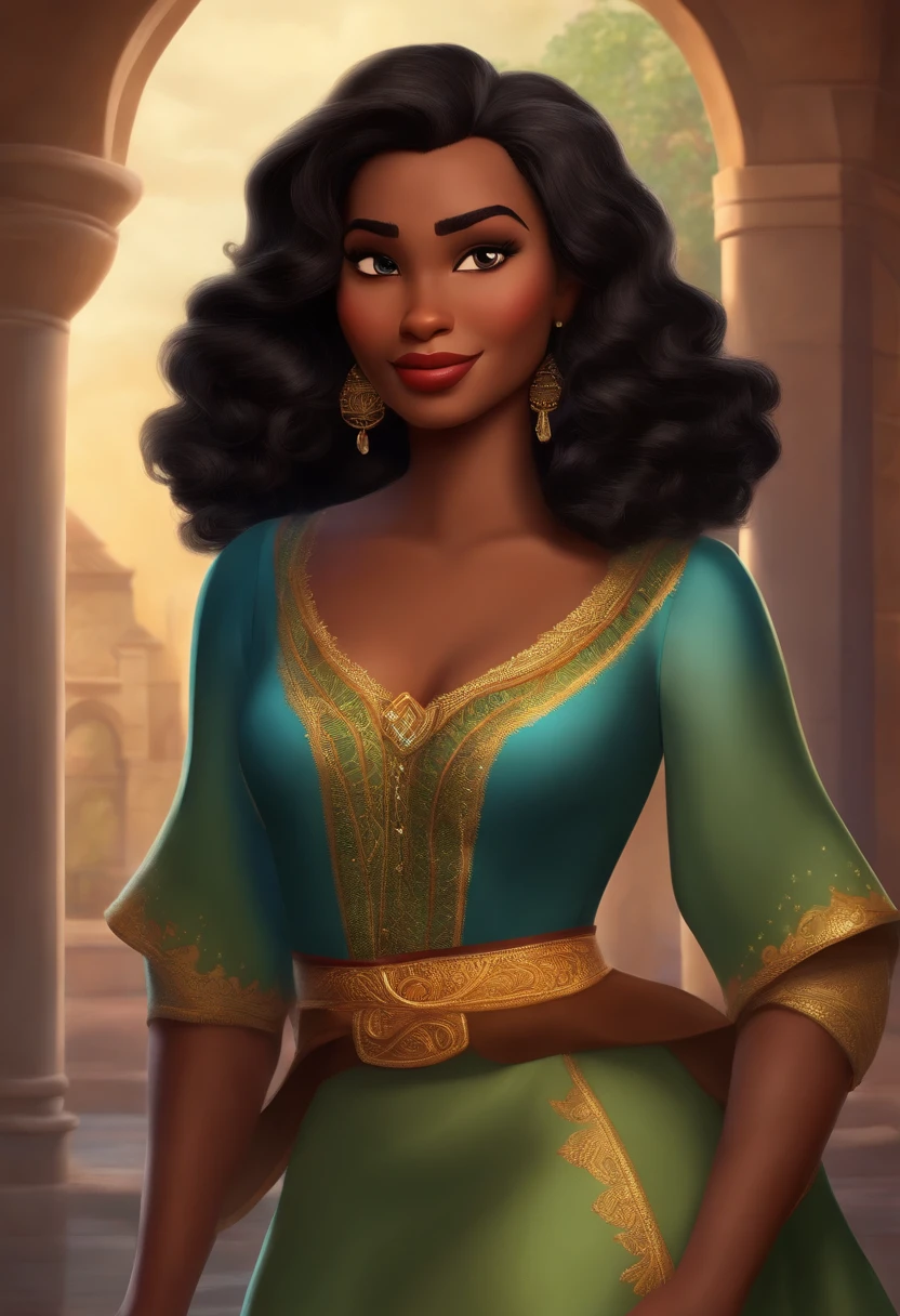 Uma mulher negra com cabelo cacheado na altura dos ombros estilo Disney Pixar, alta qualidade, melhor qualidade