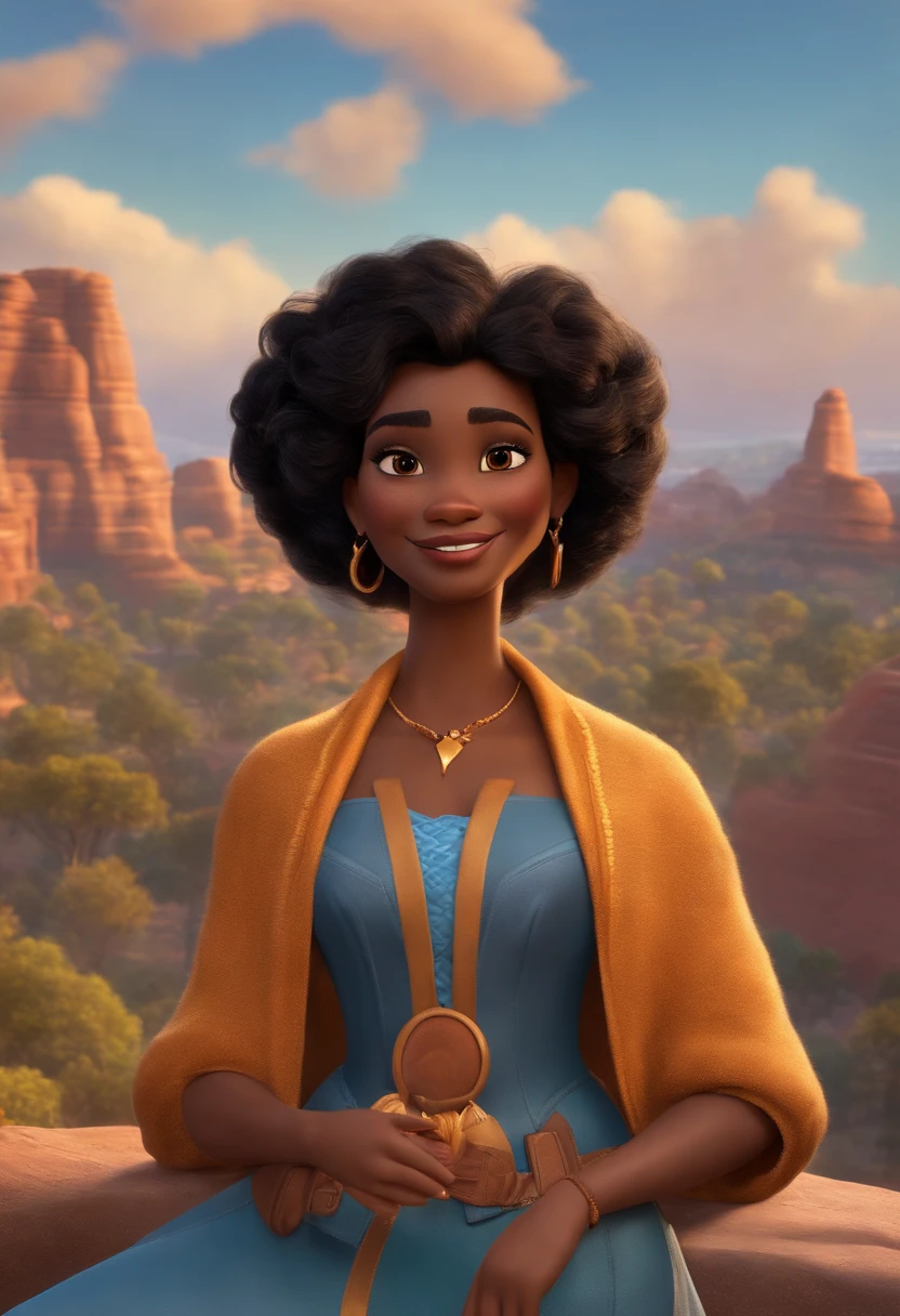 Uma mulher negra com cabelo cacheado na altura dos ombros estilo Disney Pixar, alta qualidade, melhor qualidade