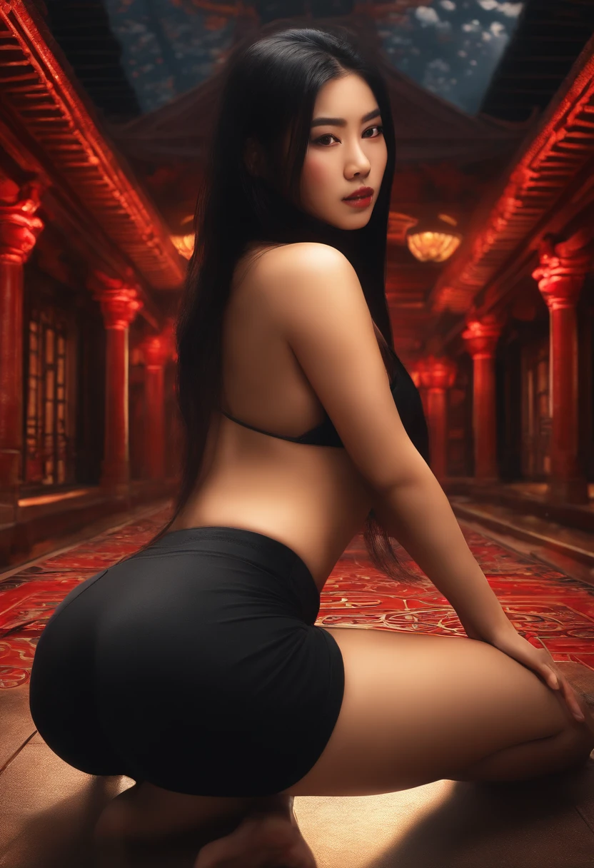 Asian, nude, on all fours, rear view, ass spread,hands on ass,black hair,red ass,crop top