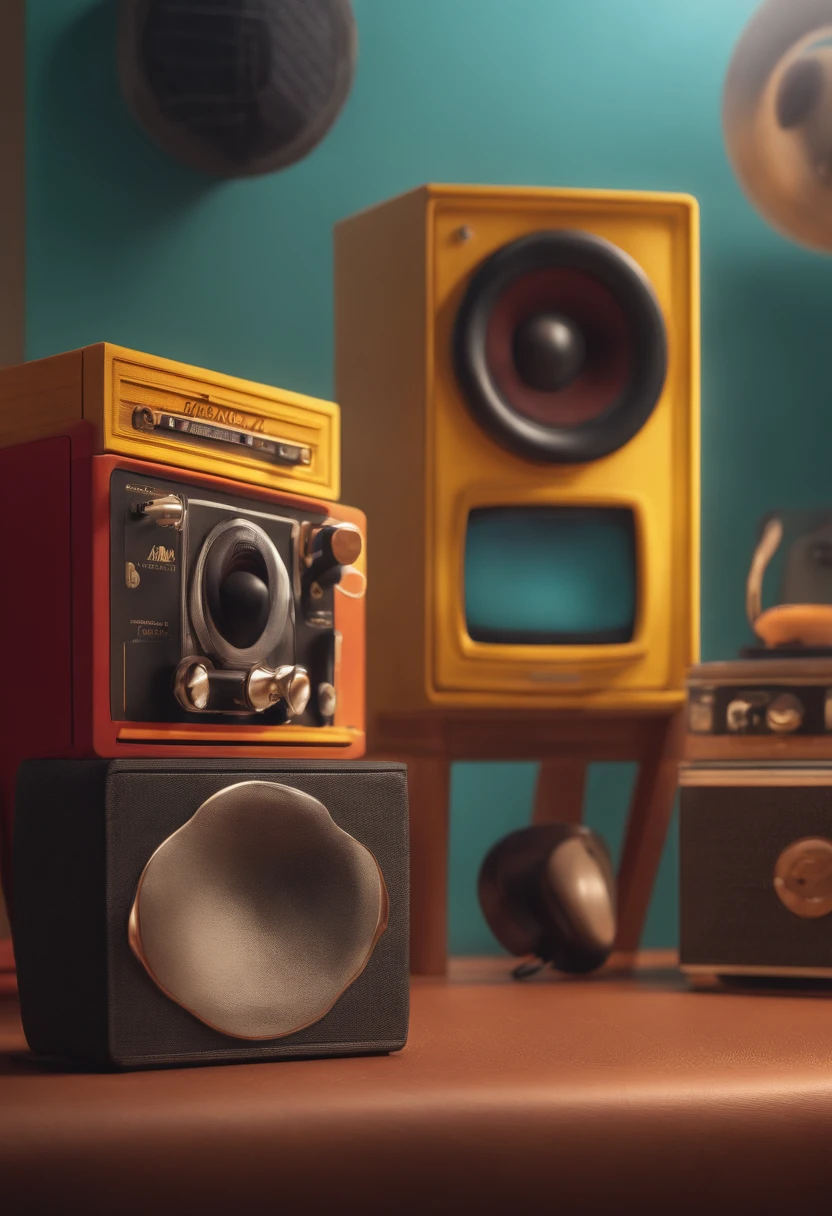 um homem, em breve, barba curta, olhos castanhos, com fones de ouvido, A music studio in the background, Imagem no estilo Pixar, Estilo de filme animado 3D, Disney, camiseta preta