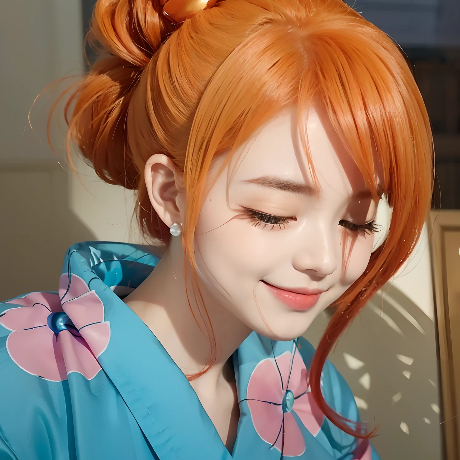 A girl with orange hair tied in realistic coils, realistic white pearl earrings, realistic Korean beautiful face, realistic sweet smiling expression,Realistic pink blue kimono dress, realistic light, realistic shadows, realistic background
