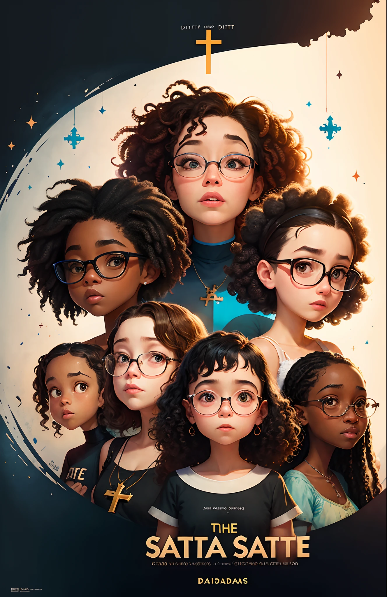 A Disney Pixar-inspired movie poster with title Atrasadas da Salette. a group of four girls, one with brunette curly hair and glasses, another with straight black hair and white skin color without glasses, another girl with black curly hair and white skin color without glasses and another girl with skin color black woman with curly hair and no glasses serving in the Catholic church the scene should be in the distinct digital art style of Pixar, with a focus on character expressions, vibrant colors, and detailed textures that are characteristic of the animations, with the title Atrasadas da Salette