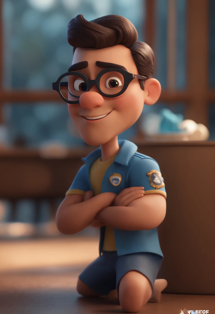 Cartoon character of a man with black glasses and a blue shirt, animation character, Caractere estilizado, animation style rendering, 3D estilizado, Arnold Maya render, 3 d render stylized, toon render keyshot, Personagem 3D, Personagem 3D, 3d rendering stylized, 3 d character render, personagem de desenho animado, Personagem de close up, Pose de personagem, (Estilo Pixar) (master part:1.2) (Bokeh) (best quality) (pele detalhada) (textura detalhada) (8k) (argila) (Cinematic lighting) (foco nítido