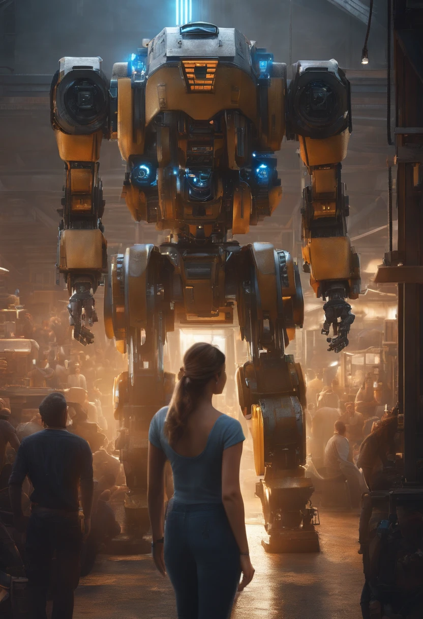 ((masterpiece, best quality)),illustration,ultra detailed 8k,photorealistic,sharp focus,highly detailed,professional lighting,colorful details,iridescent colors BREAK extreme long shot of a factory,large mechanical robot construction,microchip,computer,glowing,intricate details,shitu-mecha,1girl is standing in front of the audience,Navel