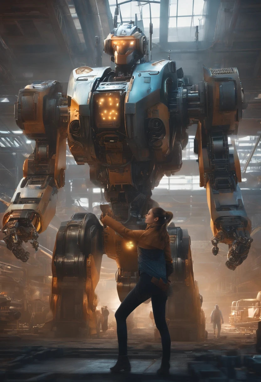 ((masterpiece, best quality)),illustration,ultra detailed 8k,photorealistic,sharp focus,highly detailed,professional lighting,colorful details,iridescent colors BREAK extreme long shot of a factory,large mechanical robot construction,microchip,computer,glowing,intricate details,shitu-mecha,1girl is standing in front of the audience,Navel