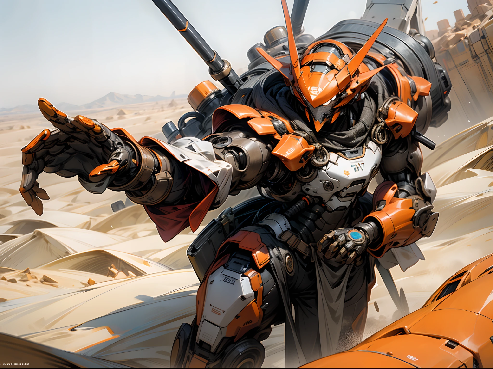 An orange robot armor in a desert