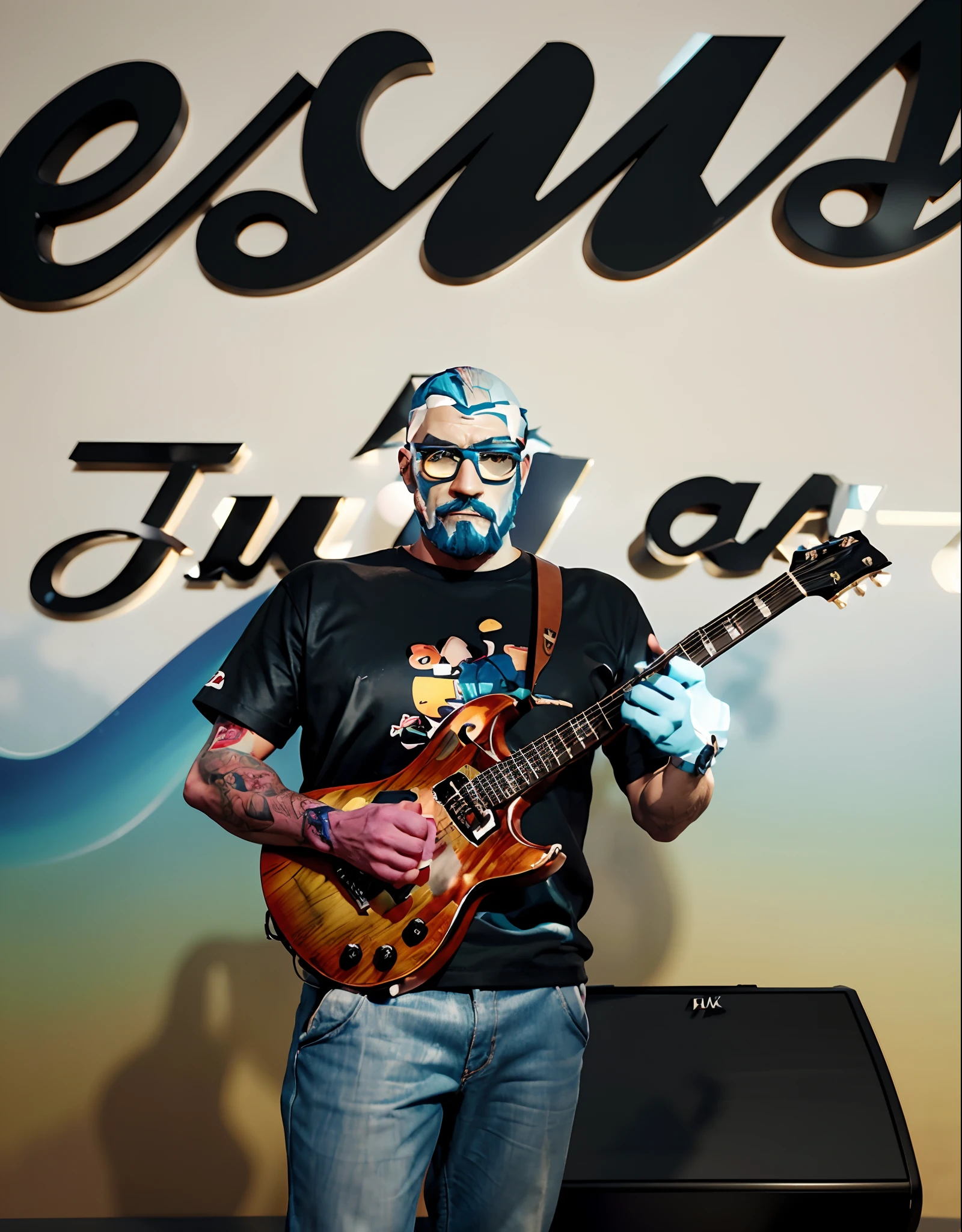 Cartoon character of a man with black glasses, barba fechada, careca e uma camisa azul, animation character, Caractere estilizado, animation style rendering, 3D estilizado, Arnold Maya render, 3 d render stylized, toon render keyshot, Personagem 3D, Personagem 3D, 3d rendering stylized, 3 d character render, personagem de desenho animado, Personagem de close up, Guitar in hand, Pose de personagem, (Estilo Pixar) (master part:1.2) (Bokeh) (best quality) (pele detalhada) (textura detalhada) (8k) (argila) (Cinematic lighting) (foco nítido