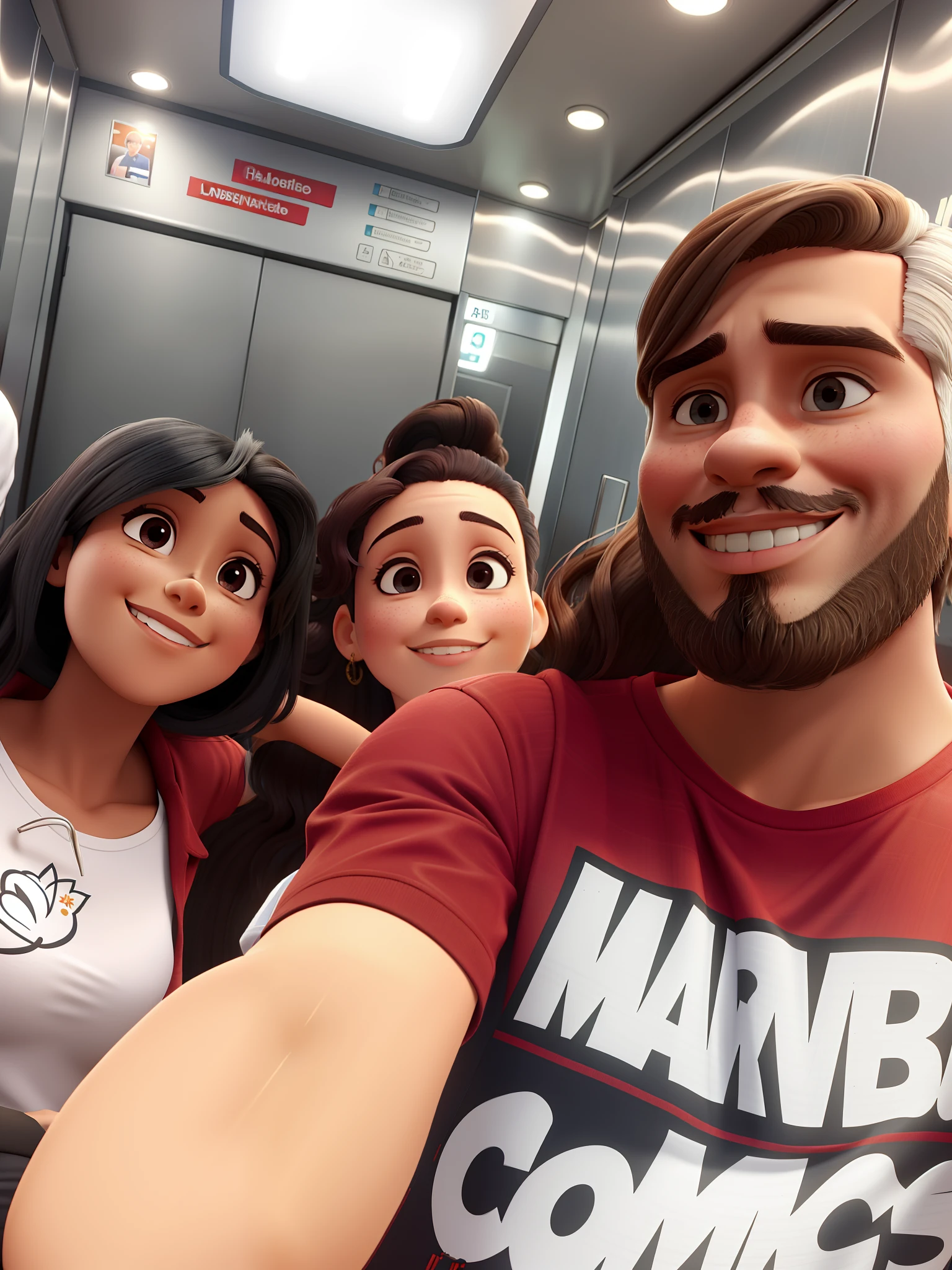 three people inside the elevator, Mulher com cabelo preto longo, Mulher de pele branca com longos cabelos castanhos escuros , Homem moreno com barba e cabelo pretos