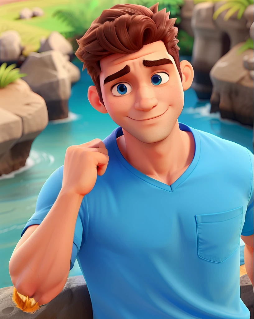 Um homem vestindo um uma camisa azul, mostrando o polegar, alto , magro, cabelos castalhos e olhos azuis