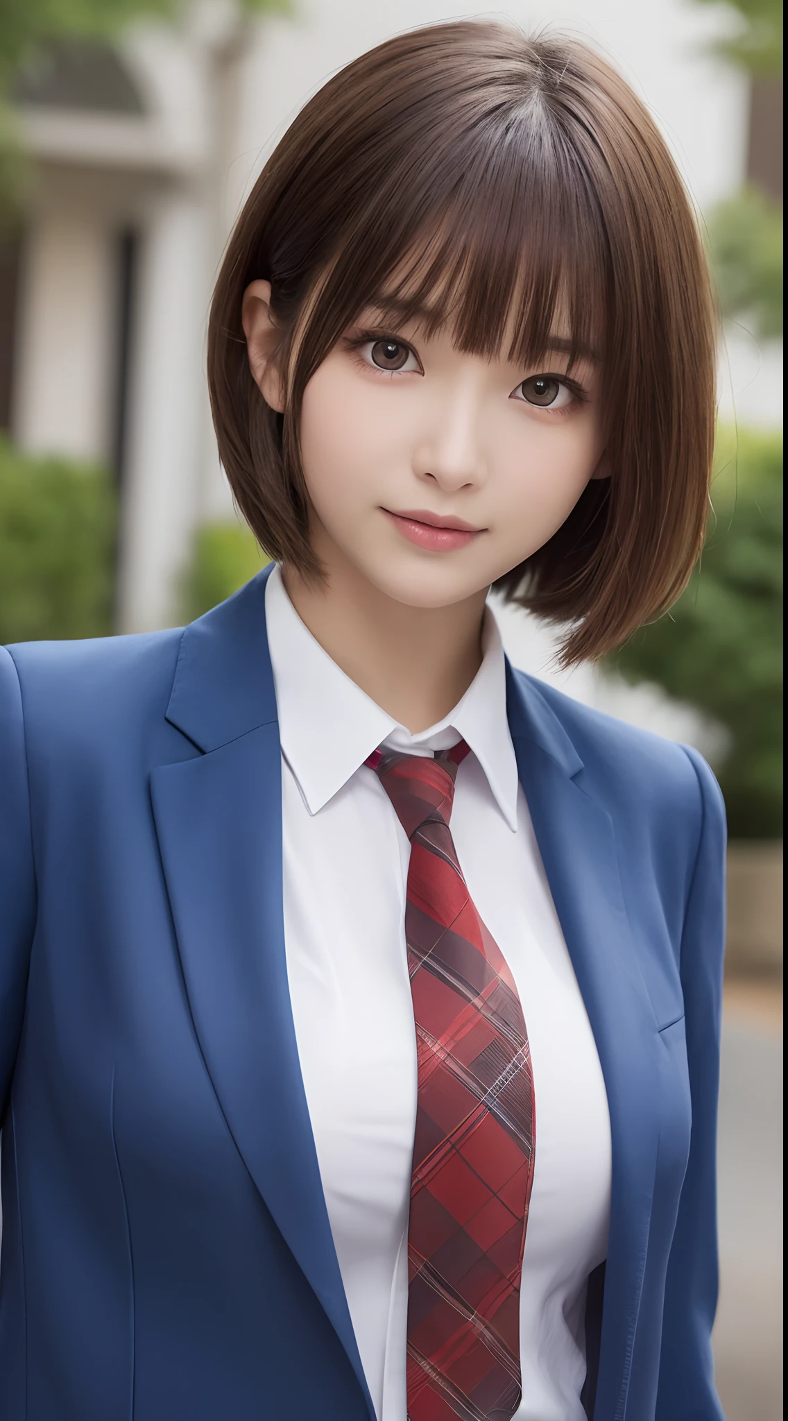 masutepiece、Best Quality、 ultra-detailliert、hight resolution、8K Wallpapers、Perfect dynamic composition,、Beautiful detailed eyes、(Beautiful breasts:1.1) 、Blue Blazer、white shirt、red necktie、1girl in、a beauty girl、Blonde head hair、short-cut、Hide the left eye with bangs、red eyes、