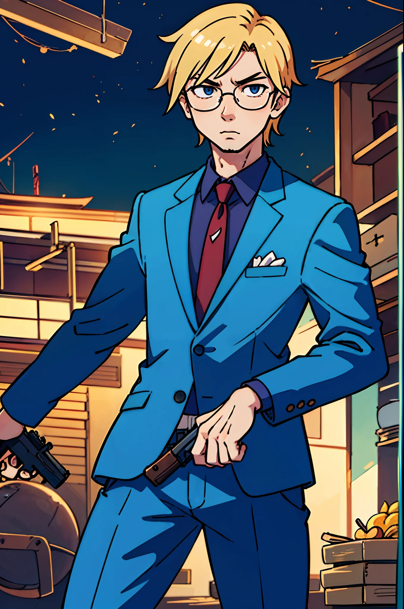 (top-quality:0.8)、(top-quality:0.8)、perfect anime illustration、male people、lad、Yakuza、Japan Mafia、Charai、a blond、Hairstyle Two Blocks、Lunette de soleil、With a gun、Blue Suit