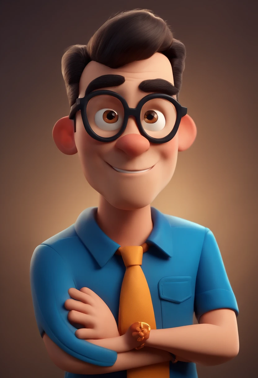 Cartoon character of a man wearing black glasses and a blue shirt, um personagem animado, Caractere estilizado, animation style rendering, 3D estilizado, Arnold Maya render, 3 d render stylized, toon render keyshot, Personagem 3D, Personagem 3D, 3d rendering stylized, 3 d character render, personagem de desenho animado, Personagem de close up, Pose de personagem, (Estilo Pixar) (master part:1.2) (Bokeh) (best quality) (pele detalhada) (textura detalhada) (8k) (argila) (Cinematic lighting) (foco nítido,Senta e vaza a parte superior do corpo