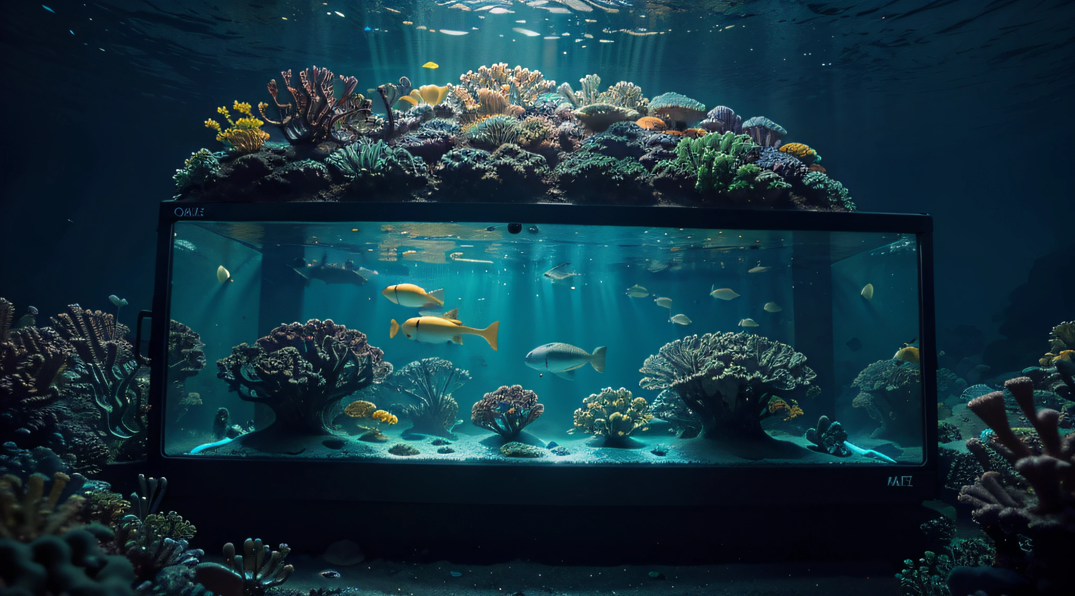 "Explore the depths of a neon underwater world with a kühlschrank as your guide. Imagine the vibrant colors and glowing creatures that surround you."