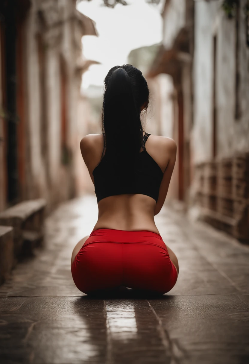Asian, , on all fours, rear view, ass spread,hands on ass,black hair,red ass,crop top,bent over, no underwear, pussy exposed
