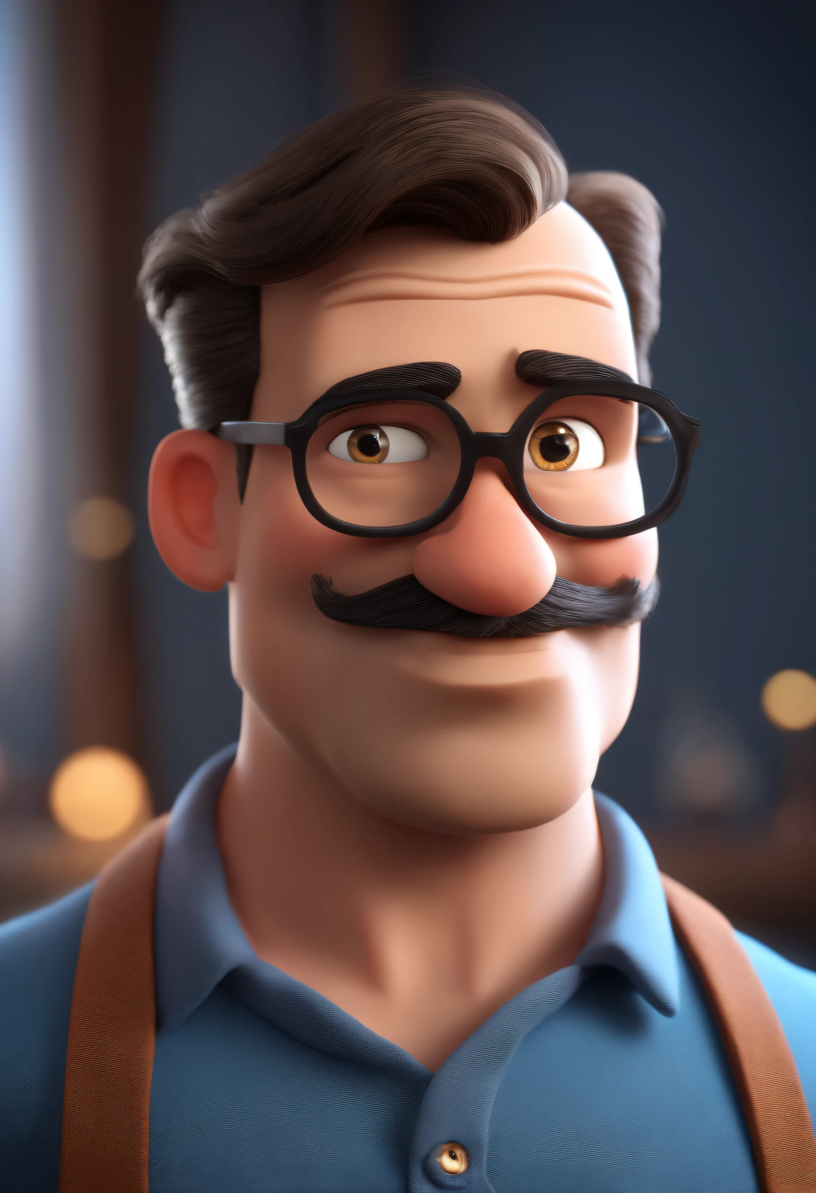 Cartoon character of a man with black glasses and a blue shirt, animation character, Caractere estilizado, animation style rendering, 3D estilizado, Arnold Maya render, 3 d render stylized, toon render keyshot, Personagem 3D, Personagem 3D, 3d rendering stylized, 3 d character render, personagem de desenho animado, Personagem de close up, Pose de personagem,  (Estilo Pixar) (master part:1.2) (Bokeh) (best quality) (pele detalhada) (textura detalhada) (8k) (argila) (Cinematic lighting) (foco nítido