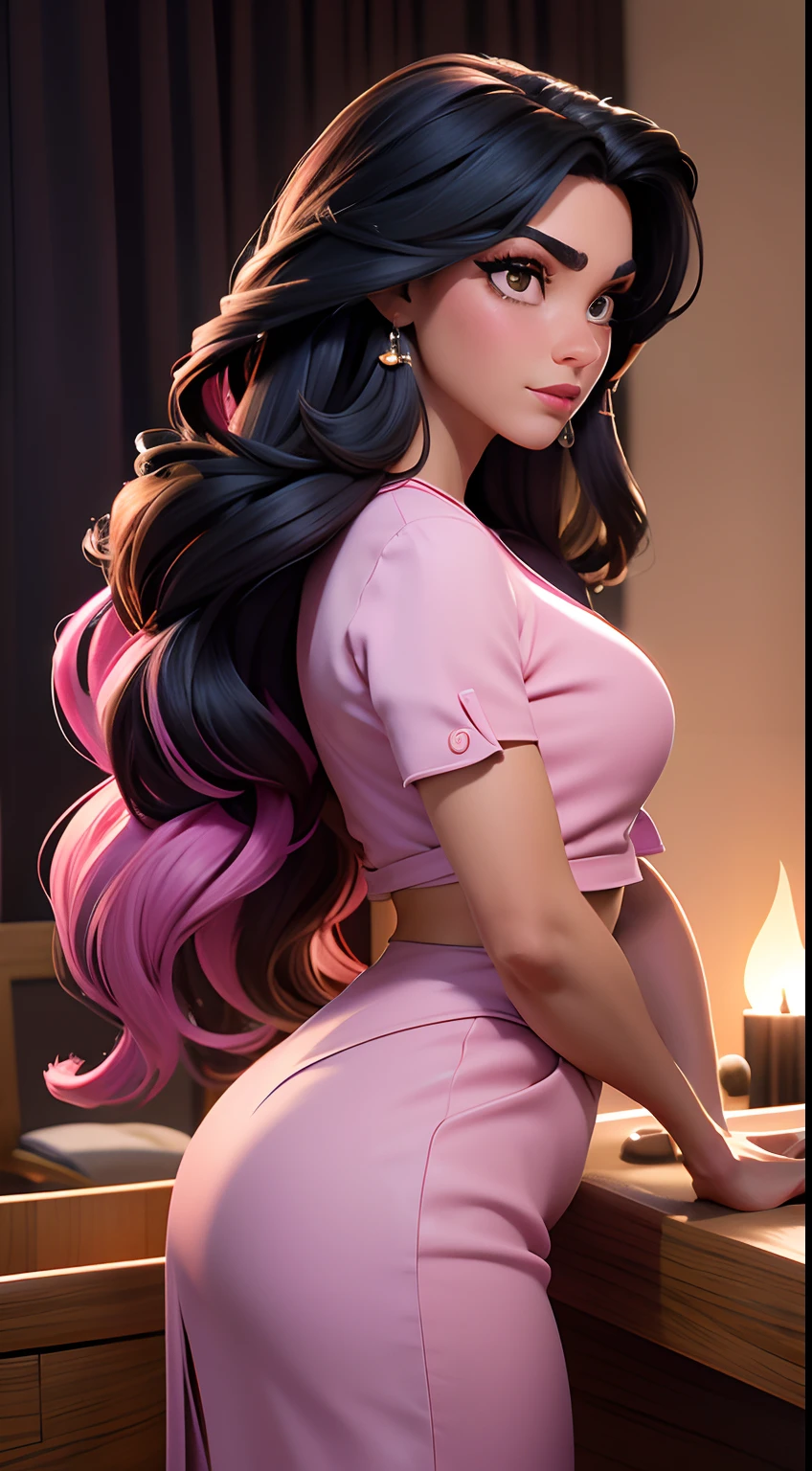 Cabello negro con reflejos iluminados en tonos dorados, suave y largo, sujetando pinzas y pinceles al lado de la cara, Pink walls with eyebrows and eyelashes and a spa table, cuerpo completo, Caderas anchas y cintura delgada, sobre peso, mejor calidad, perfection, realismo