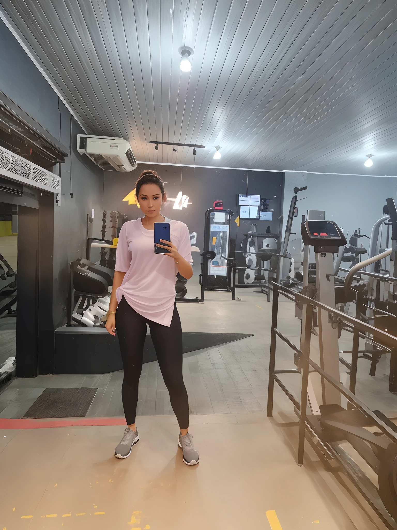 There's a woman standing in a gym holding a cell phone, em uma academia, malhar, suor e trabalho de parto, stood in a factory, in a factory, chun li at the gym, potrait de corpo inteiro segurando garrafa, foto fit, Cottagecore!! corpo fitness, sweating, suando muito, usando equipamento de fitness, local gym, standing in a restaurant, suar