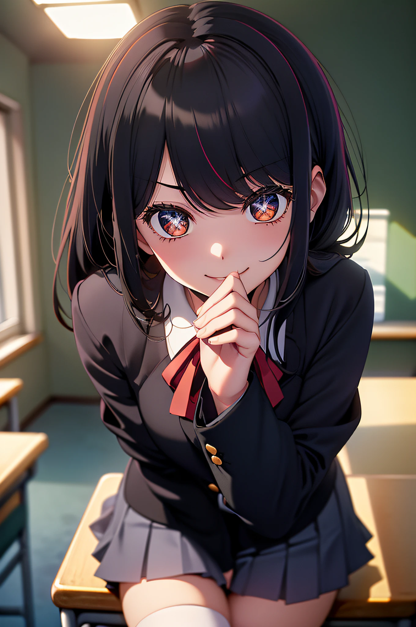 Realistic Woman, (aegyo sal: 1), 18 years old girl, (Gray blazer, bow ribbon, Short fold mini skirt, Stockings, Private School Uniforms: 1.2), High School Classroom, Beautiful details of the eye, (Eye size: 3 /4) Light on the Face, ((Full Shot Photo)), Particularly strong backside light, (Upper Eyes, Smiling smile: 1.2), Shiny skin, (((Black hair, Bob Hair: 1.2))), ( Beautiful thighs), ulzzang -6500-v1.1: 0.2, bashful, (The Flash: 1.2), NSFW, ((enchanting posture: 1.2, attractiveness: 1.2)), (idle), (sitting on a desk in a classroom: 1.2)), ((Good anatomy: 1.2)), ((Bright and refreshing classroom, Blurred background: 1.2)), Perfect face, Cute and symmetrical face, (high-angle shot: 1.2)S.,((RAW Photos, Superior Quality, Masterpieces), high definition RAW color photos professional close-up photos, (Realistic, Photorealism: 1.37), (Highest Quality), (Best Shadows), (Best Illustrations), ((Erotic, Sexy, 超A high resolution, HD unified CG wallpapers, Physical performance, Movie Lighting), Canon EOS R50 Camera 50mm Lens