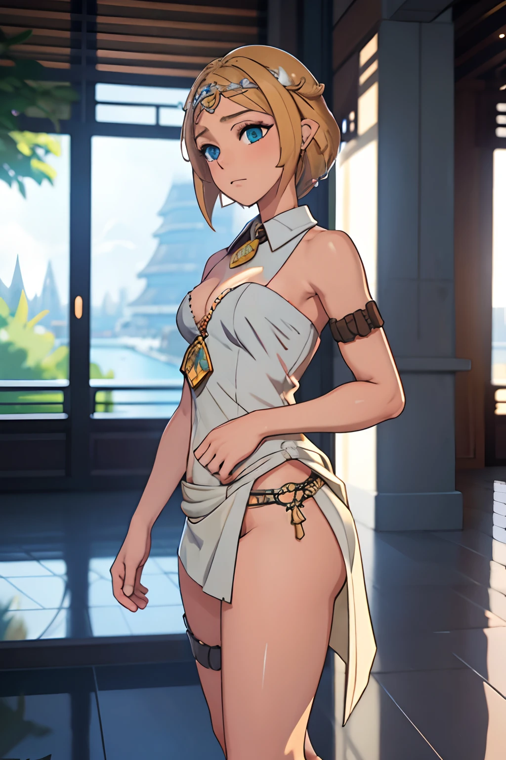 (explicit content warning) [(master part: 1.1, best quality: 1.1), Shy student in uniform showing off, emphasis, Panties, de lado, ligeiramente 0.8 cabelos loiros, Wet, molhada