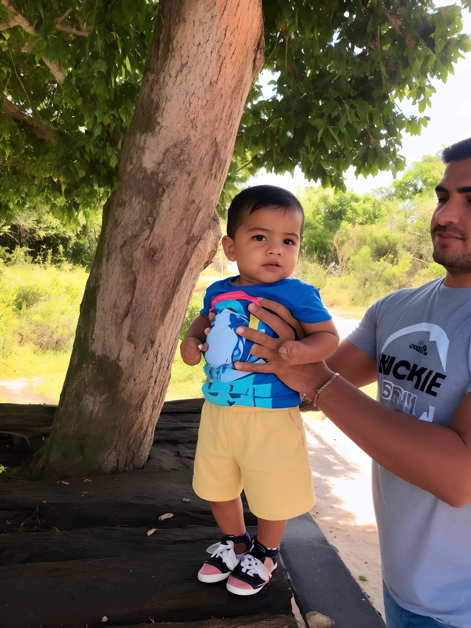 there is a man holding a in his arms, with a kid,teus 9 5, Directed by: Nandor Soldier, caio santos, with a tree in the background, Jose Miguel Romano Francisca, imagem limpa, 2 anos, Upload de alta qualidade, against the backdrop of trees, Directed by: Samuel Silva, River in front of you, Imagem