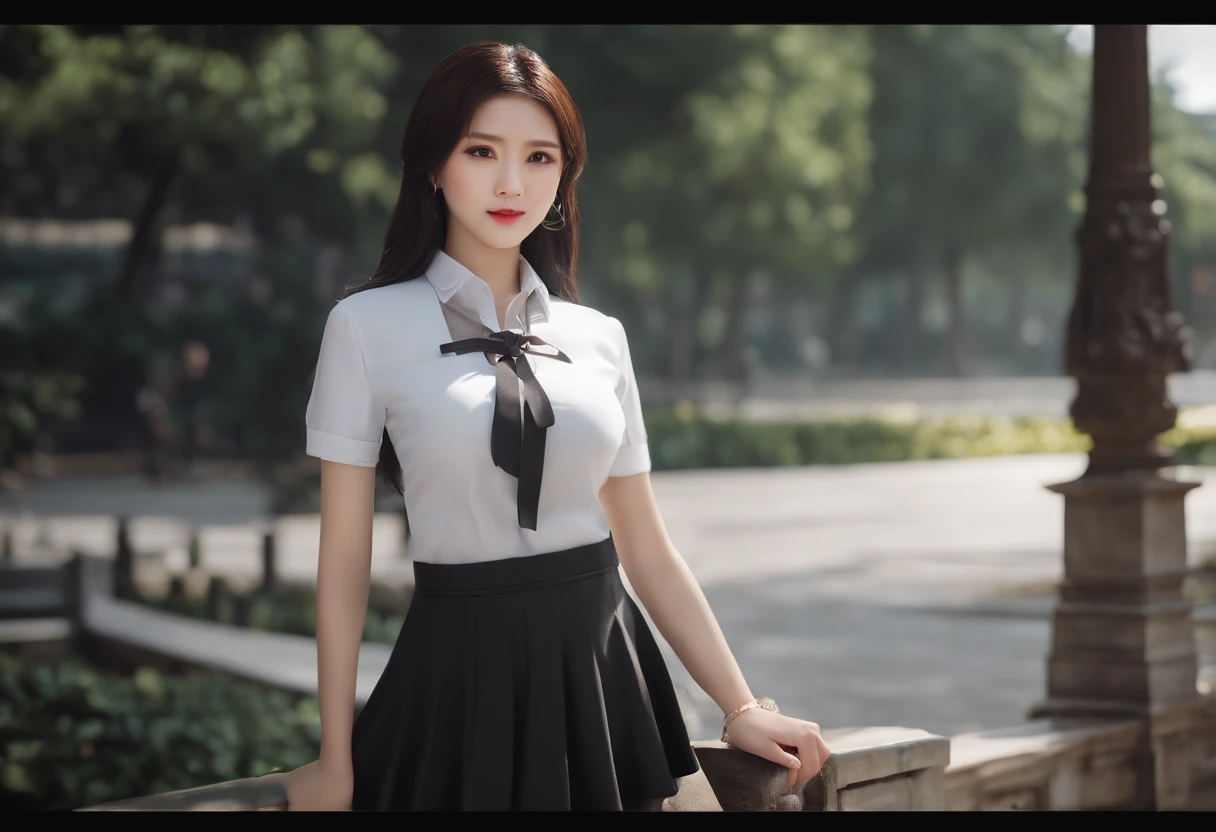 Absurd, 1girls, Blush, (Realistic:1.5), (masterpiece, extremely detailed cg unity 8k wallpaper, bestquality, highres:1.2), (ultra_Detailed, UHD:1.2), Perfect illumination, explicit, (1girls:1.4), looking at the audience, unreal engine, side light, perfect face, detailed face, Perfect body, beautidul eyes, pretty face, (bright skin:1.4), idol, (Abs), ulzzang-6500-v1.1,,((huge breast,))),((narrow waist))),(Shiny black hair), University Student Uniform, ((white blouse))),((Black miniskirt)),((Black leather skirt)),((park)),(((choker))),((White short-sleeved shirt)),((Black pencil skirt)),(belt),((stand)),(Full body:1.4),bang,Sharp eyes,Pecking at the corners of the mouth.......,Silver Earrings,Thai University Uniform Correct Anatomy