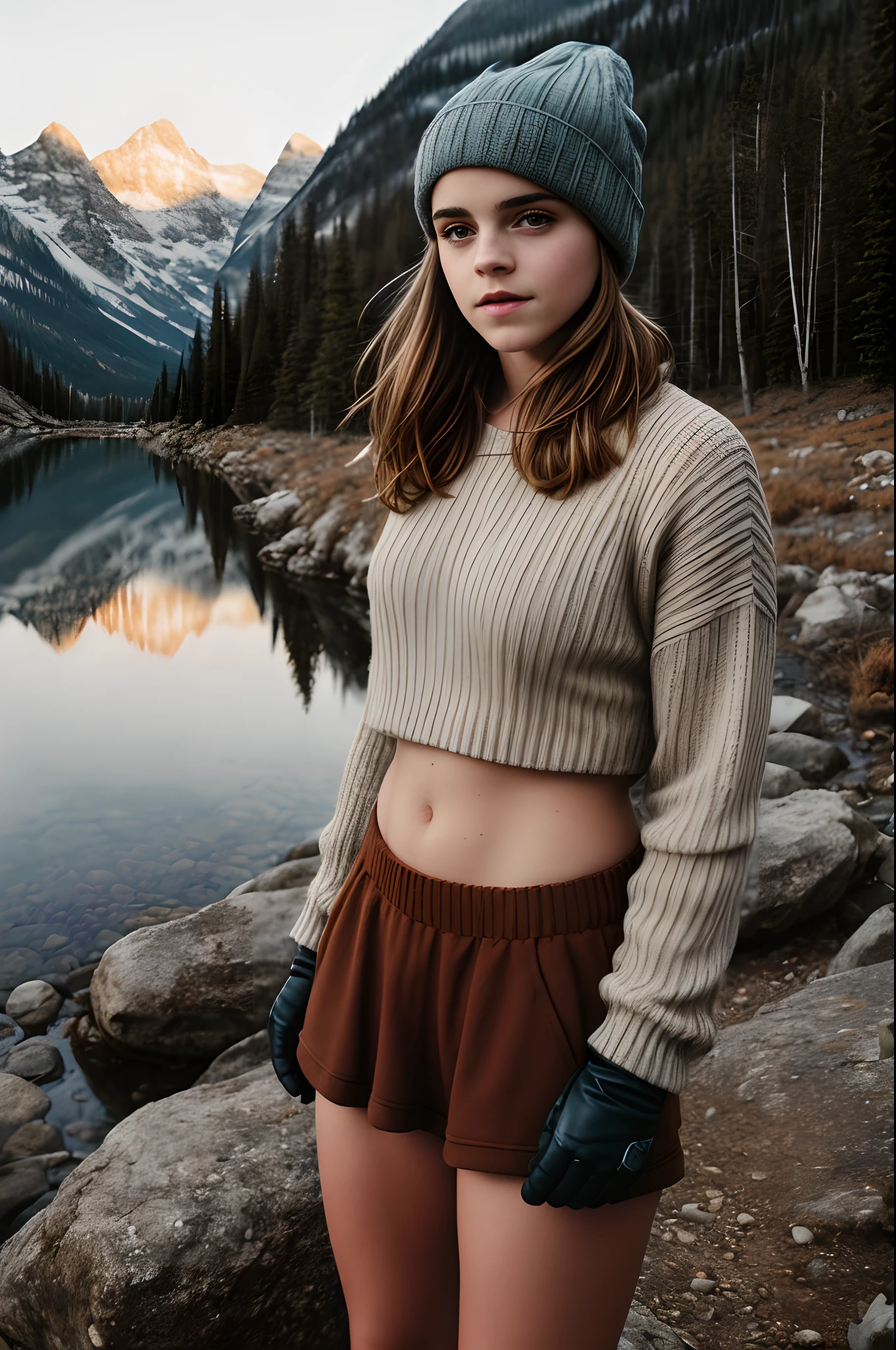 1girl, Emma Watson, ((upper body happy)), masterpiece, best quality, ultra-detailed, solo, outdoors, (night), mountains, nature, (stars, moon) cheerful, happy, backpack, sleeping bag, camping stove, mountain boots, gloves, mini sweater top, bare belly, hat, flashlight, forest, rocks, river, wood, smoke, shadows, contrast, clear sky, analog style, (look at viewer:1.2), (skin texture), (film grain:1.3), (warm hue, warm tone :1.2), close up, cinematic light, sidelighting, ultra high res, best shadow, RAW, upper body, wearing pullover top